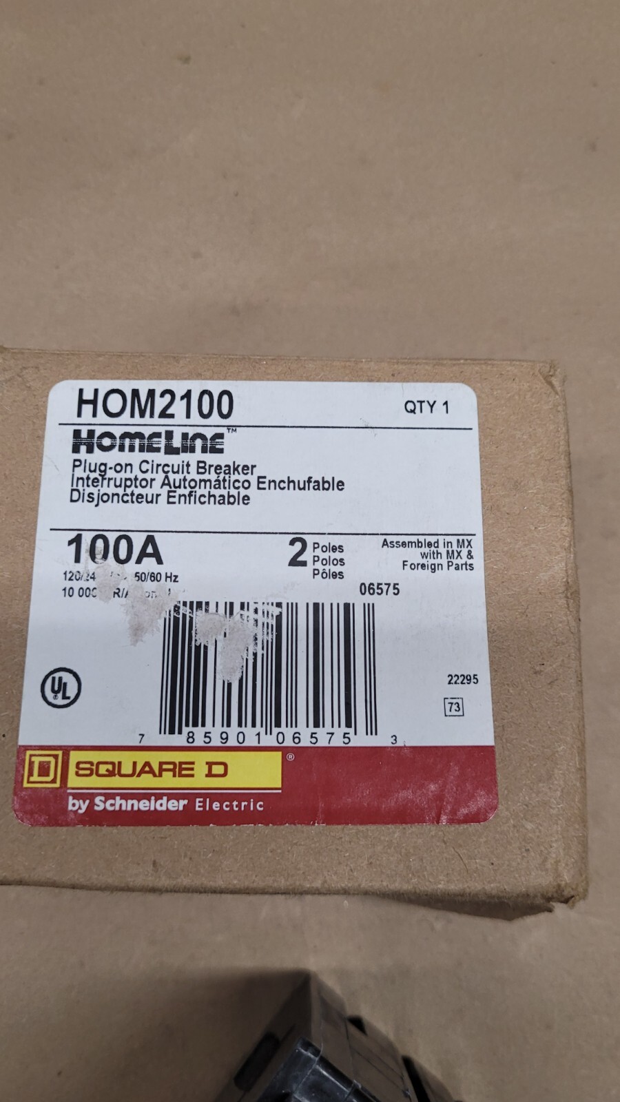 Square D HOM2100 100 Amp 2 Pole Plug-On Circuit Breaker 120/240VAC