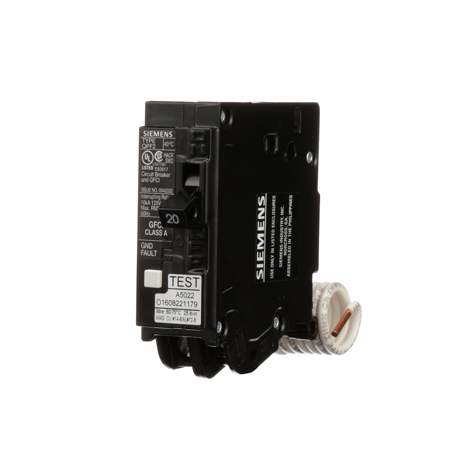 QF120A Gfci Circuit Breaker, Plug In, Self Testing, 20 Amp, 1-Pole, 120 Volt