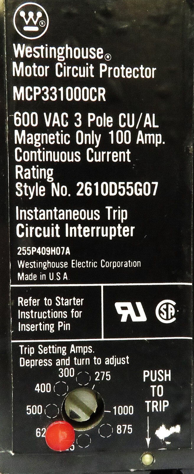 Westinghouse MCP331000CR 3-Pole 100A Motor Circuit Protector Breaker