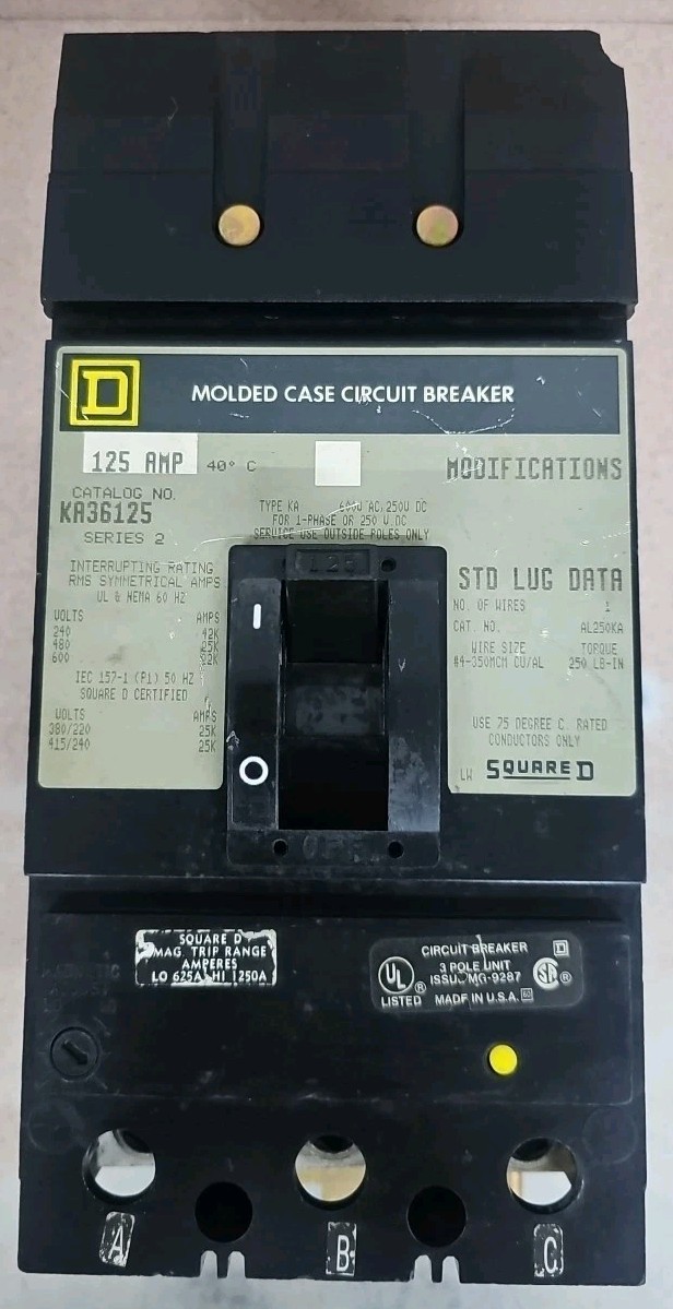 Square D KA36125 125 Amp 600 Volt 3 Pole Circuit Breaker See pics