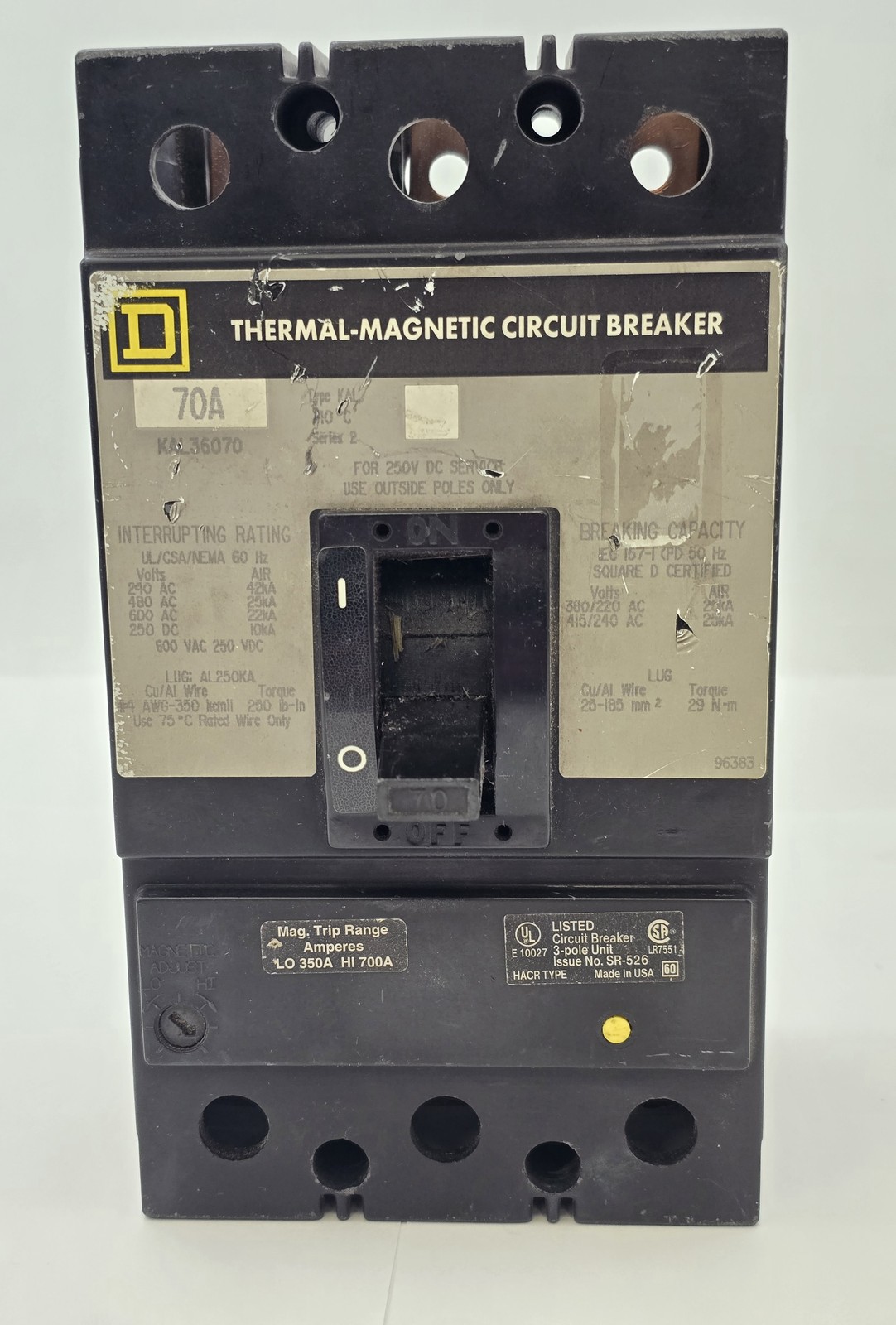 Square D KAL36070 Feed-Thru Circuit Breaker 70A 600VAC 3P 3PH Type KAL 70 Amp