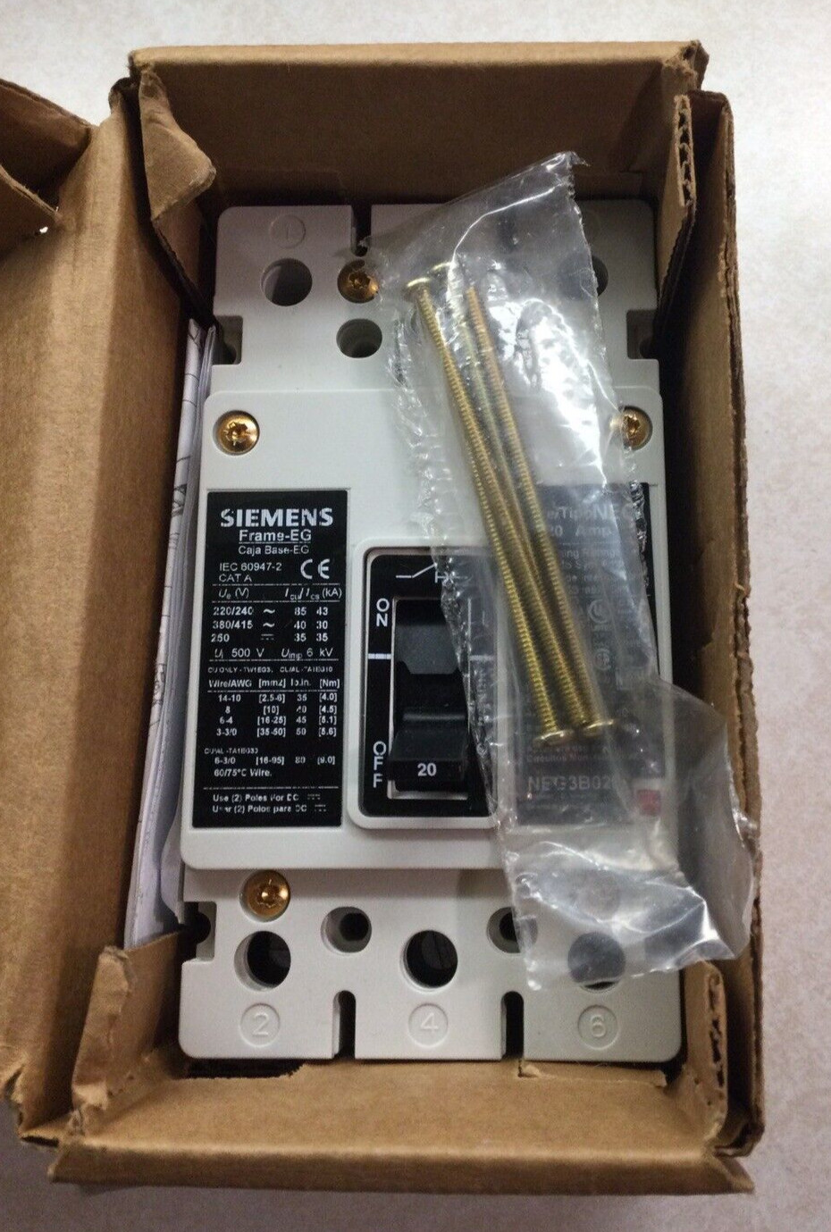 NEW SIEMENS NEG3B020L like NEB 20 Amp 3P CIRCUIT BREAKER & Lugs 35kA 480V UL