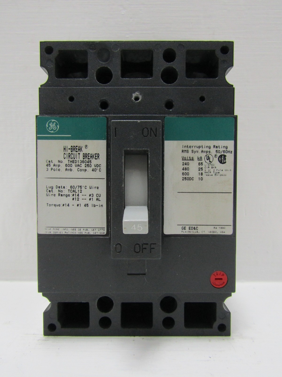 GE General Electric THED136045 45 Amp 600V 3-Pole High-Break Circuit Breaker 45A