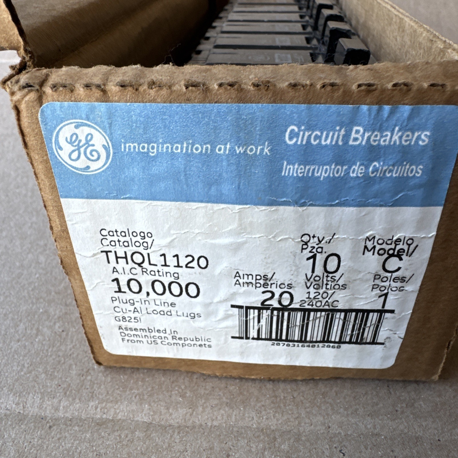 Lot of 10 GE THQL1120 Circuit Breakers 1 Pole 20 AMP 120/240 VAC 10kA 1P 20A NEW