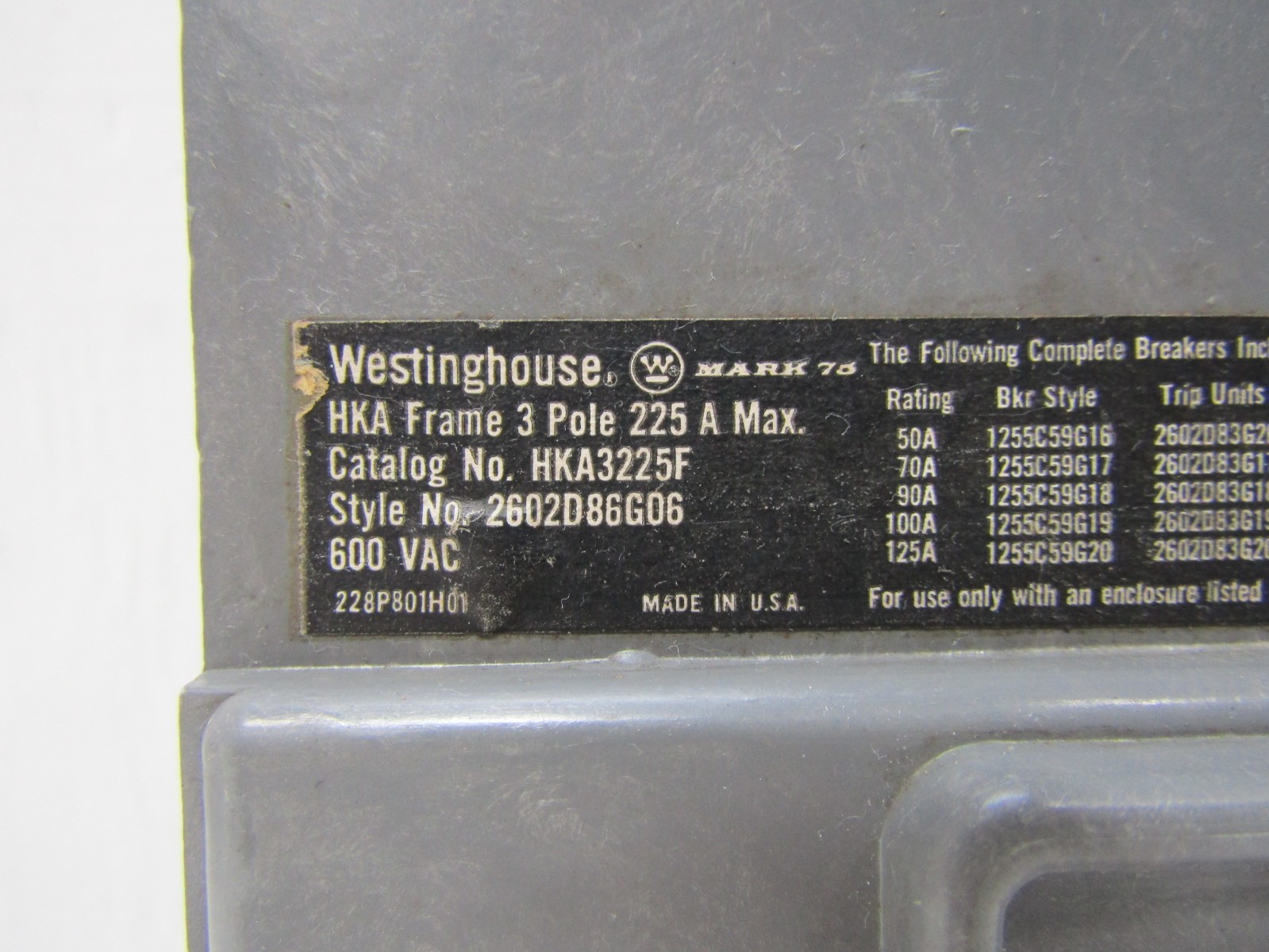 Westinghouse HKA3225F 125 Amp 600V 3-Pole HKA Circuit Breaker 125A Trip Unit