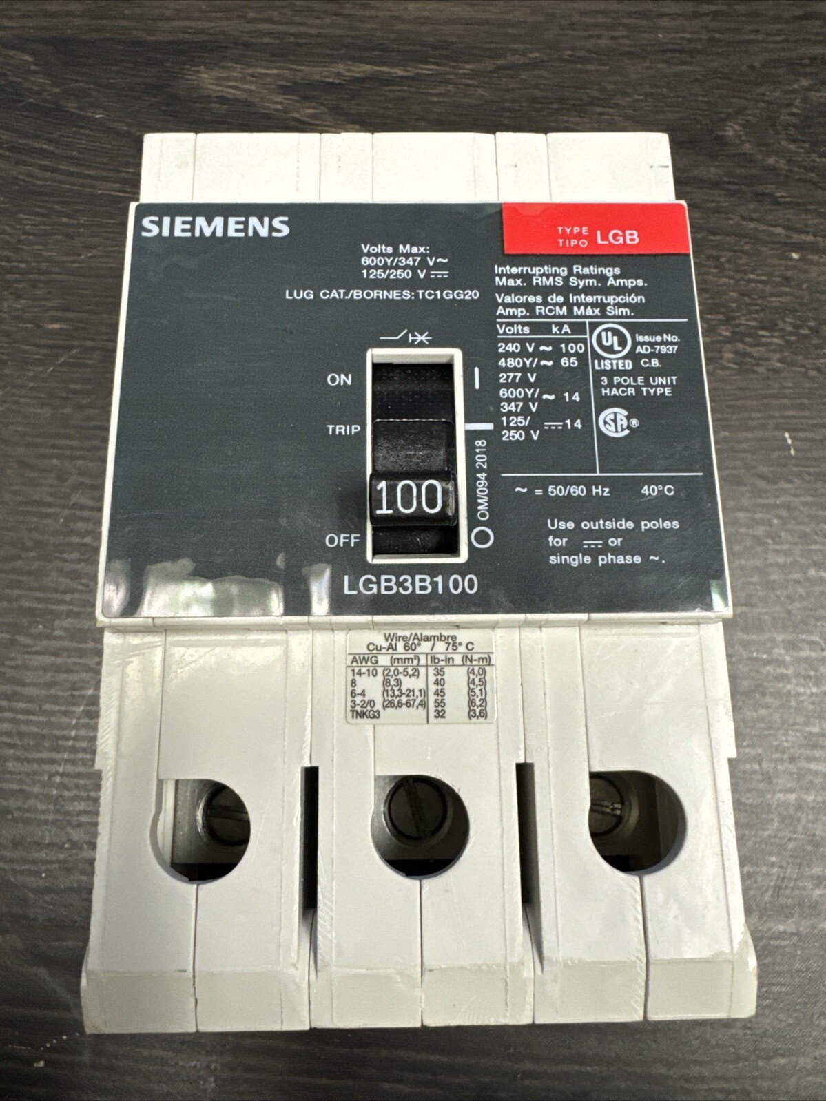 LGB3B100 Siemens 100 Amp 480V 65K 3P Bolt On Circuit Breaker LGB3B100B New