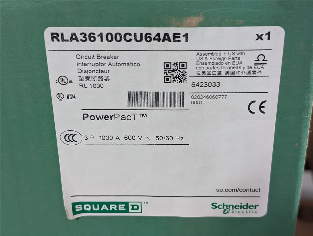 NEW 1000A Schneider RLA36100CU64AE1 PowerPact I-Line Circuit Breaker 600VAC