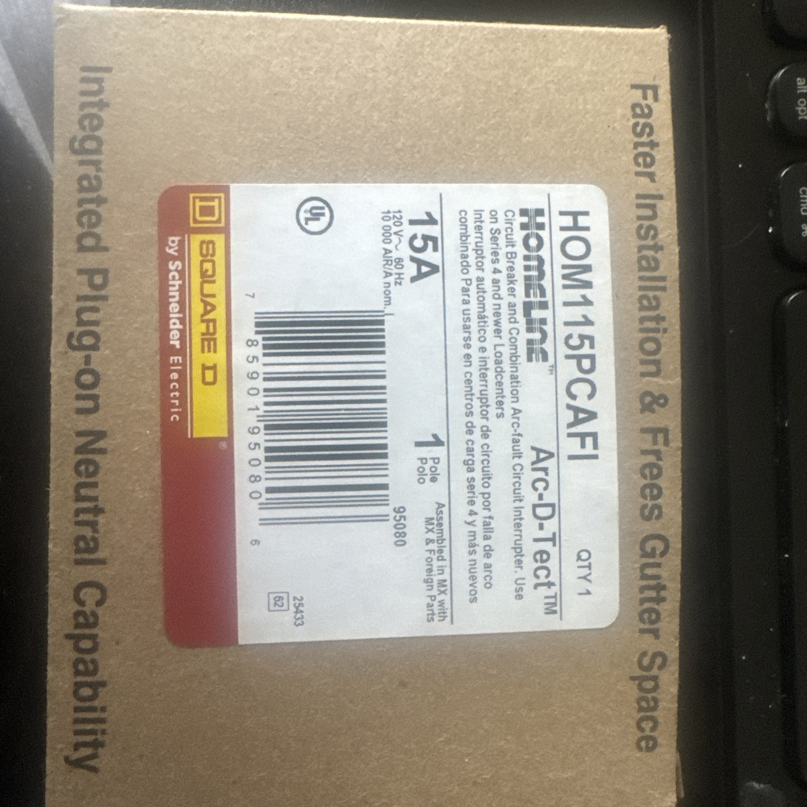 Square D HOM115PCAFI Homeline 15A AFCI Breaker 1-Pole Plug-On Neutral 120V