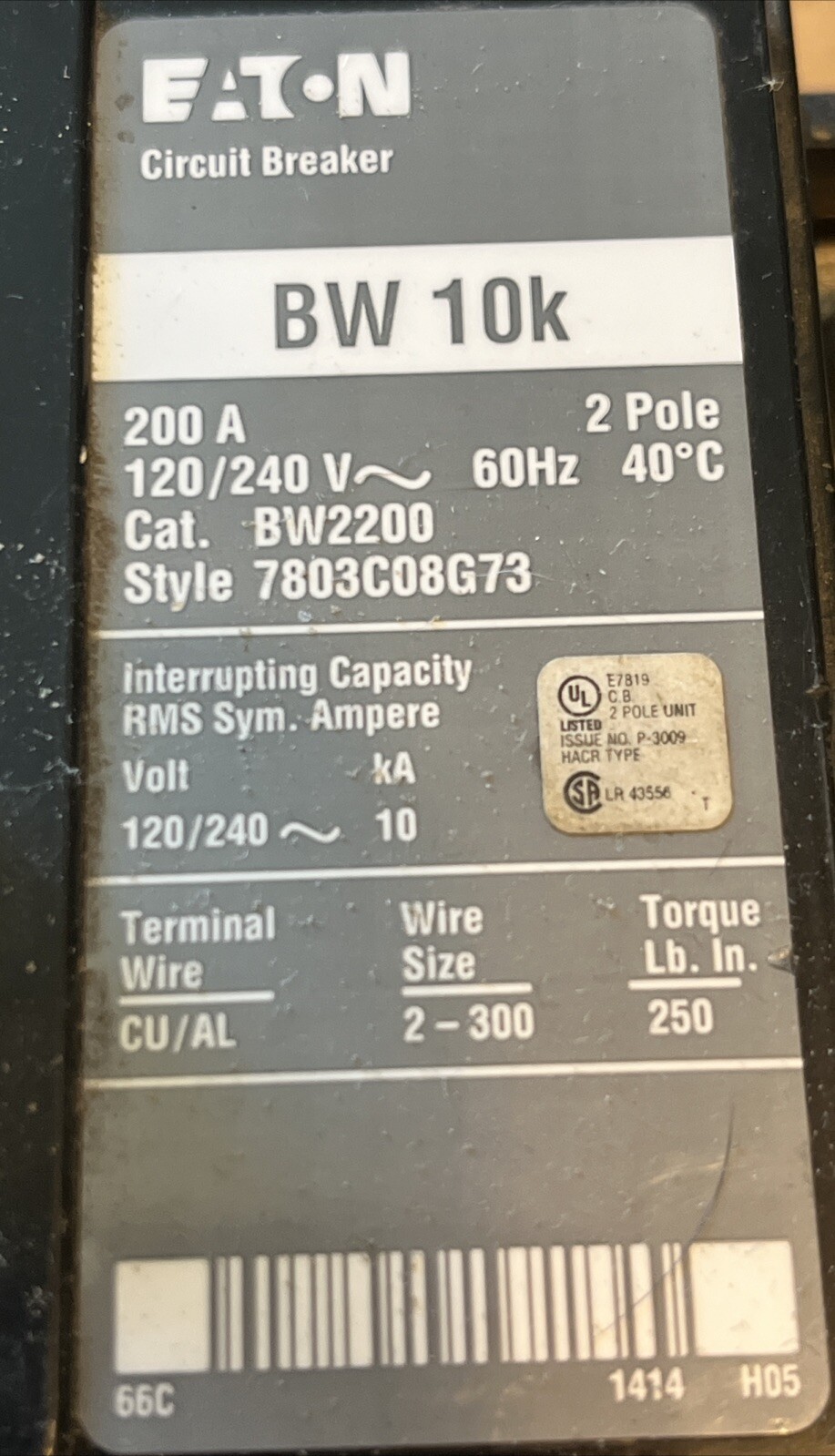 Eaton 200 Amp 2 Pole BW 10K 120/240V Main Circuit Breaker