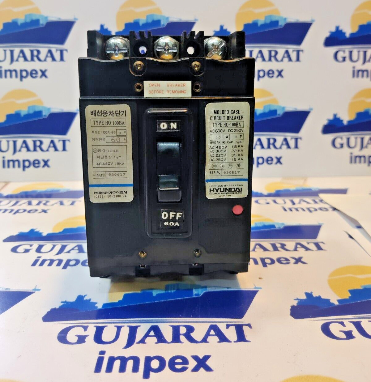 HYUNDAI MOLDED CASE CIRCUIT BREAKER HO-100BA 60A 3P 18KA AC600V DC250V TESTED OK