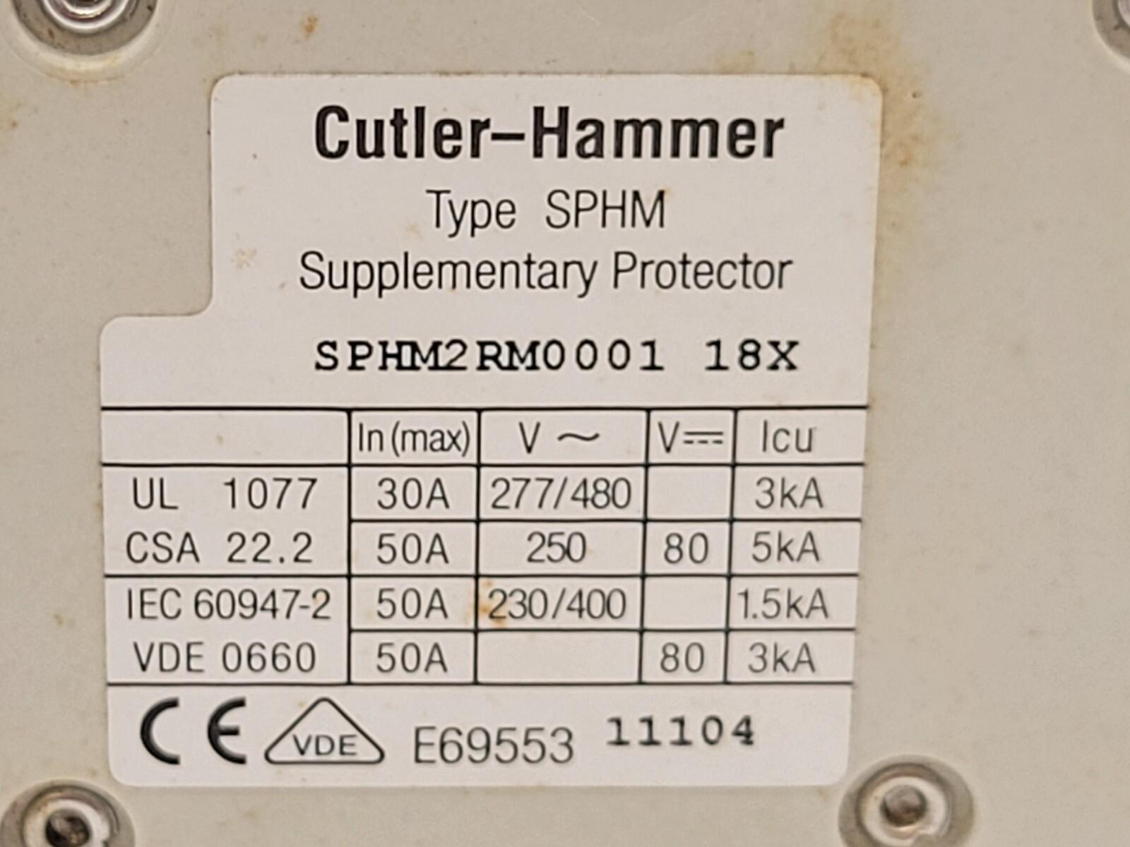 Cutler-Hammer SPHM2RM0001 DIN Rail Circuit Breaker 1A 277/480V 2P 1PH Type SPHM