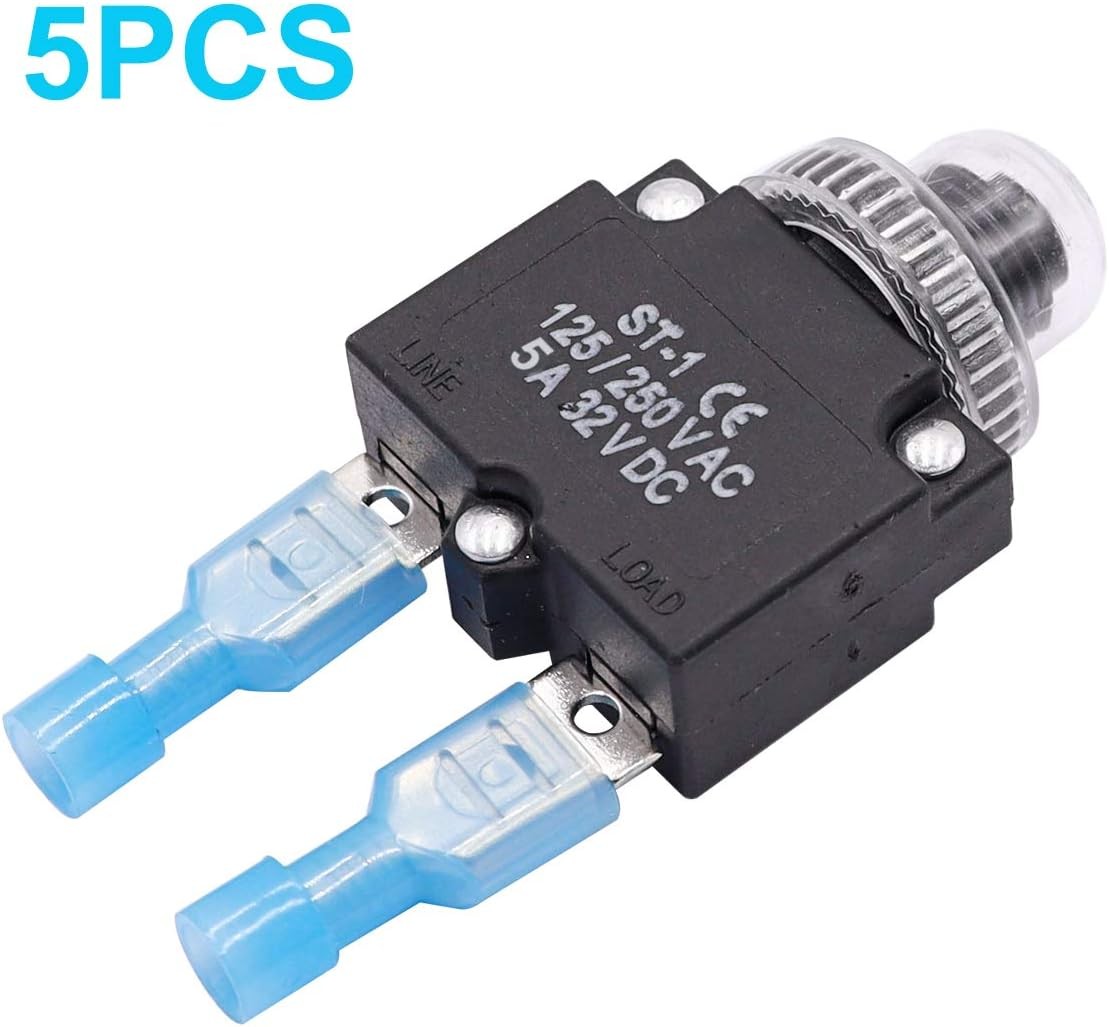 5Pcs 5Amp Circuit Breakers Push Button Manual Reset 125/250V AC 32V Dc Overload
