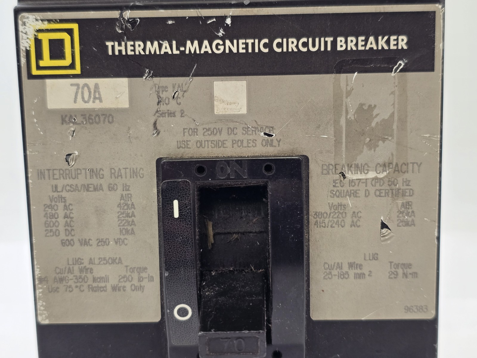Square D KAL36070 Feed-Thru Circuit Breaker 70A 600VAC 3P 3PH Type KAL 70 Amp