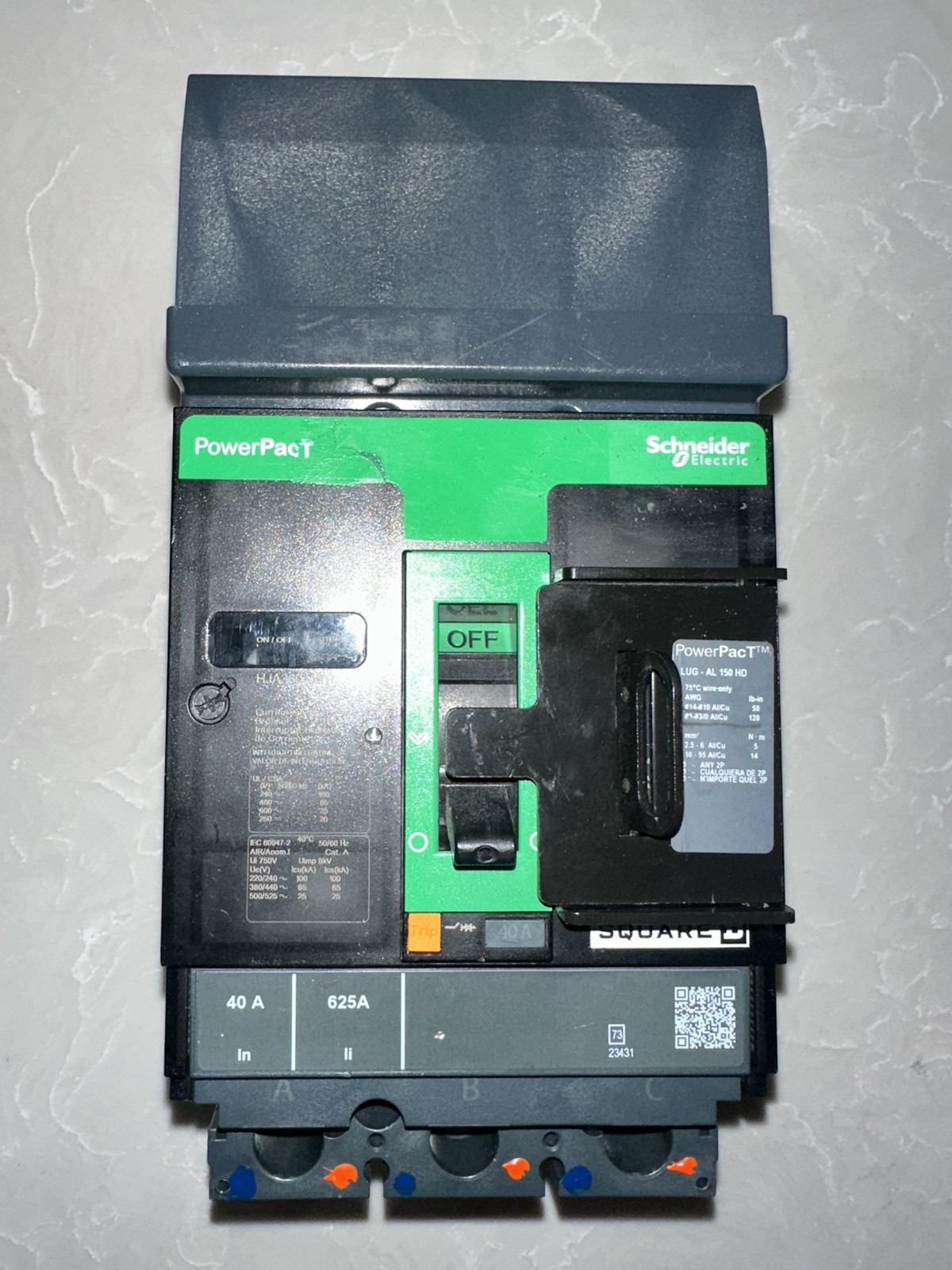 HJA36040 Square D PowerPact Circuit Breaker 40A 600V 3-Pole I-Line- New Take Out