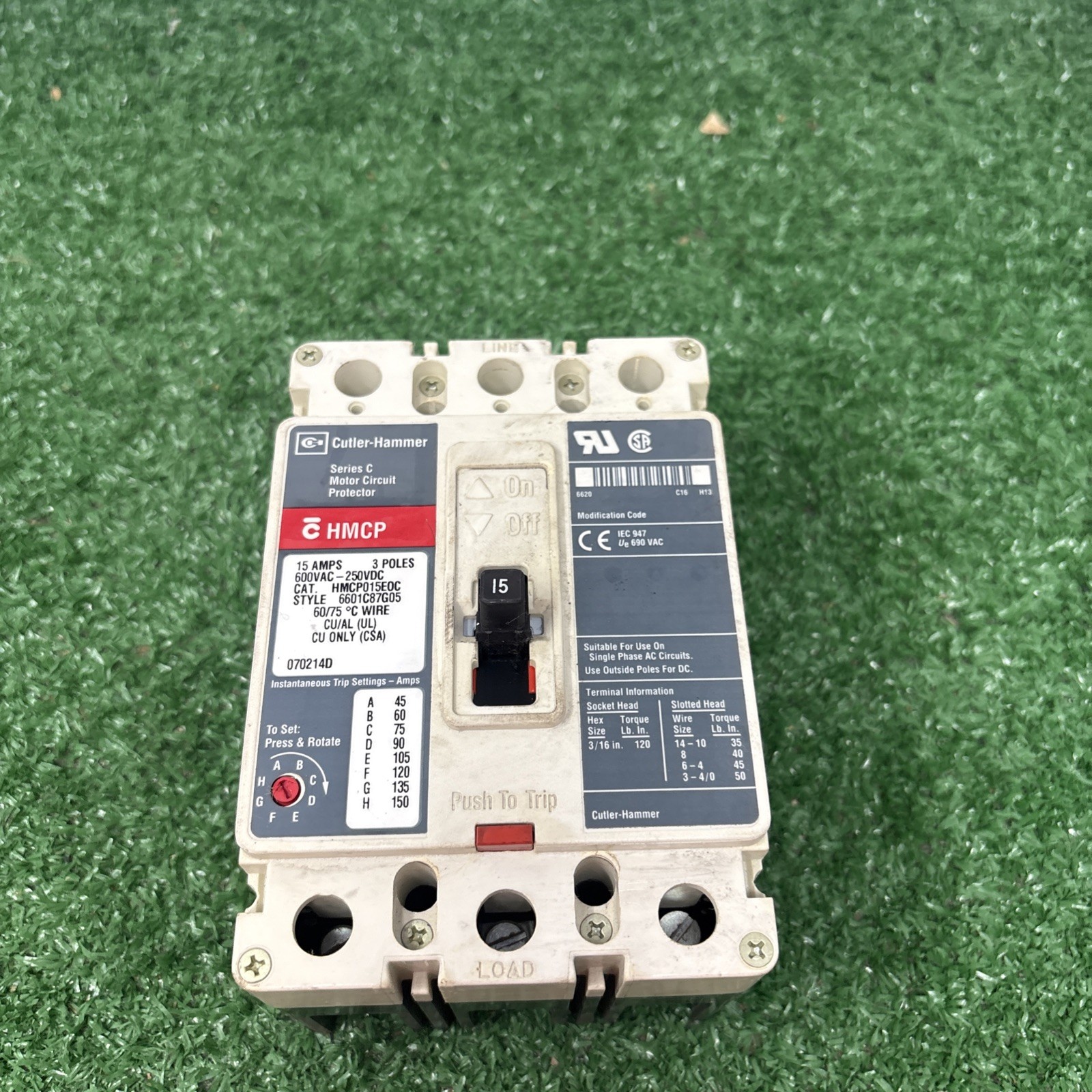 Used EATON /Cutler Hammer HMCP015EOC 15 Amp 600 Volt 3 Pole Circuit Breaker