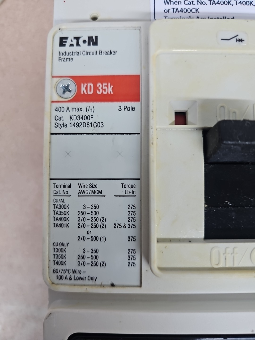 Eaton KD3400F Circuit Breaker 400 Amp 3 Pole 600VAC