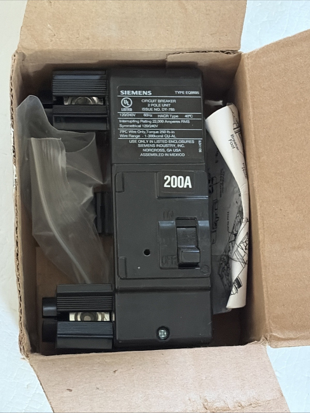SIEMENS MBK200A, 200A Riser Main Breaker 2 poles 120/240V AC Type EQ 6695