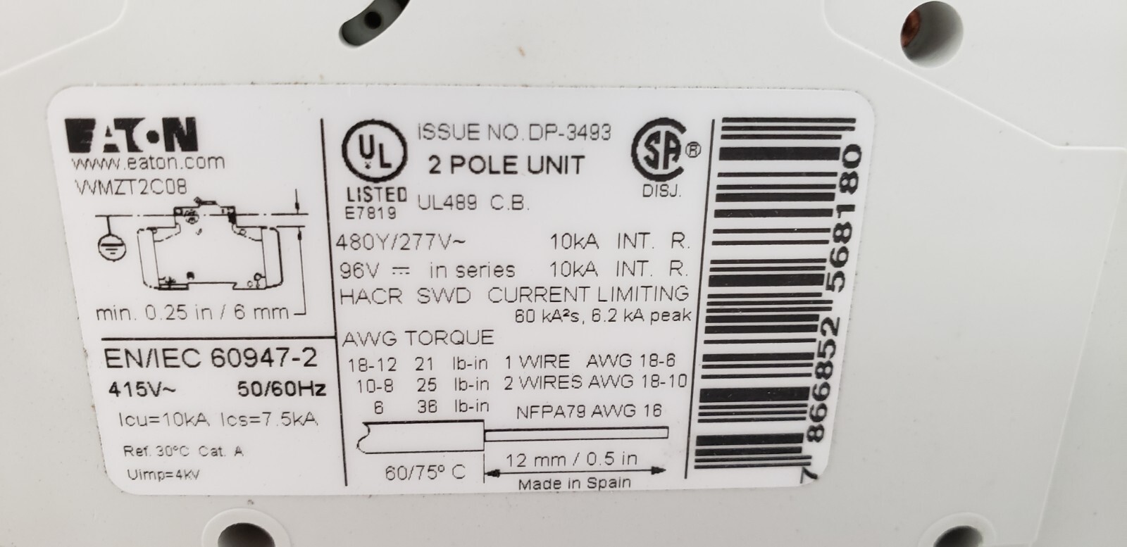 EATON WMZT2C08 (FAZ-C8-2-NA) CIRCUIT BREAKER, 8 AMP, 480Y/277V, 2 POLE, NIB