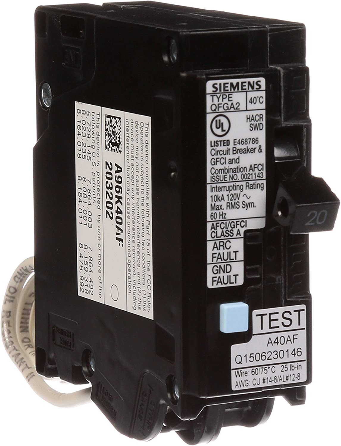 Siemens Q120DF 20-Amp Afci/Gfci Dual Function Circuit Breaker, Plug on Load Cent