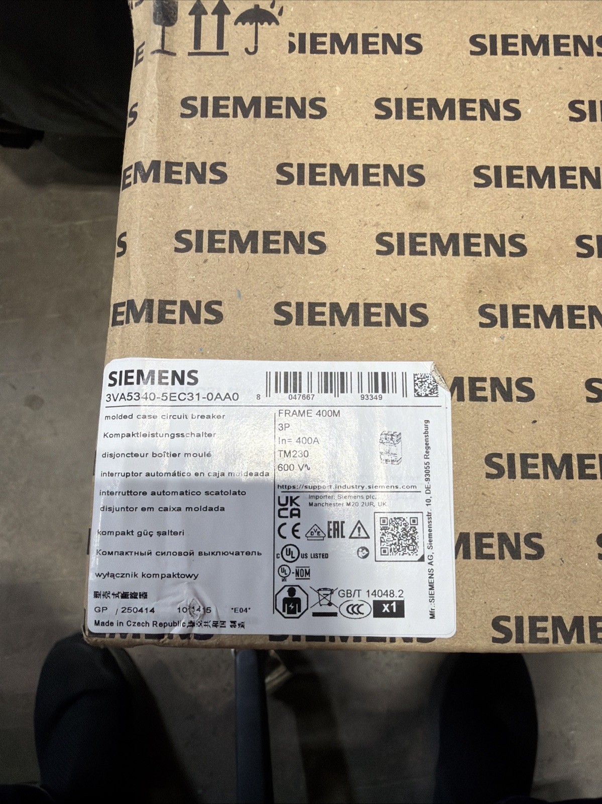 Siemens 3VA5340-5EC31-0AA0 400A 480V 3POLE 35kA Circuit Breaker New IN Box