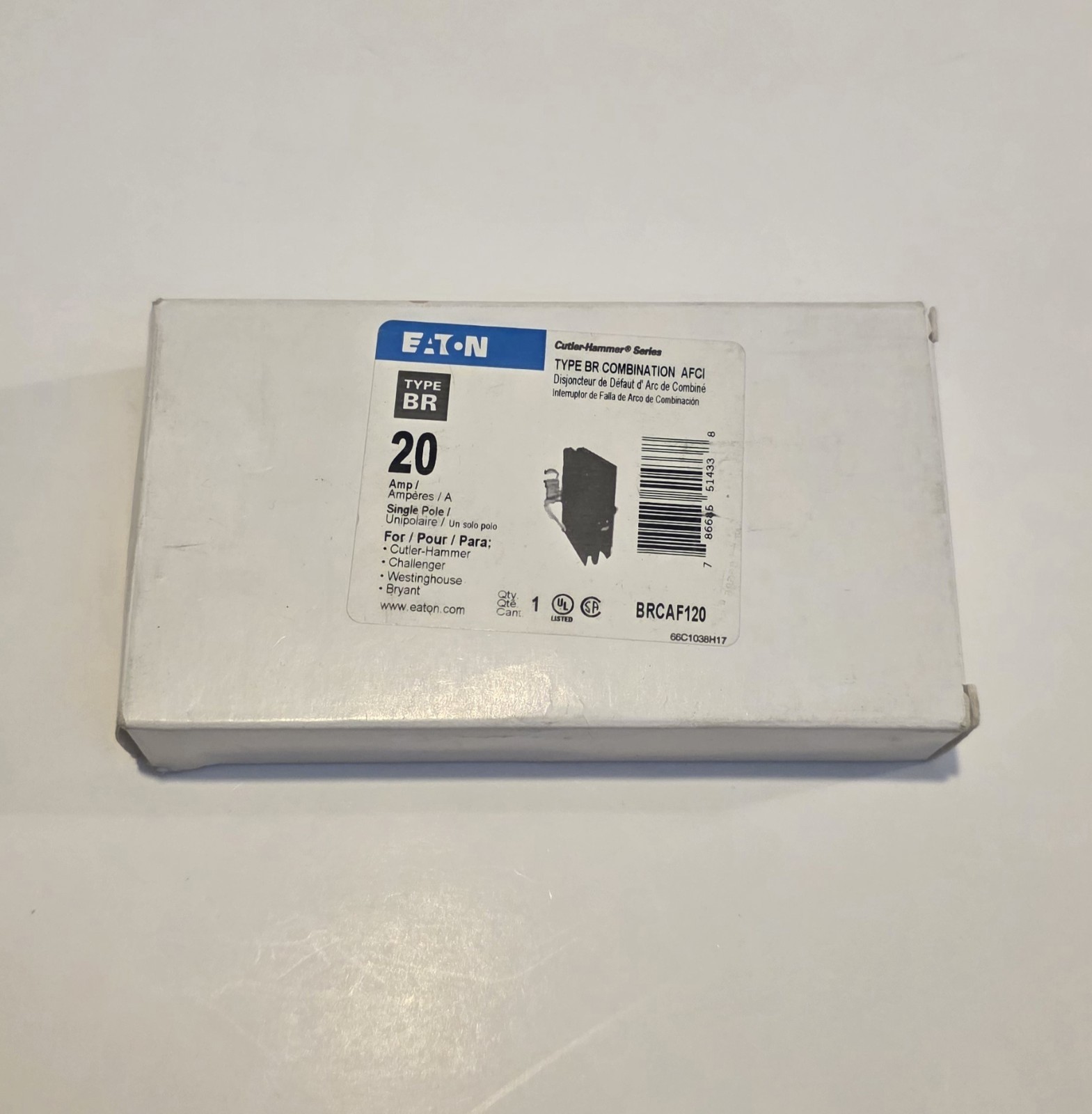 Eaton BRCAF120 20A 1-Pole 120/240V Combination AFCI Circuit Breaker Test Button