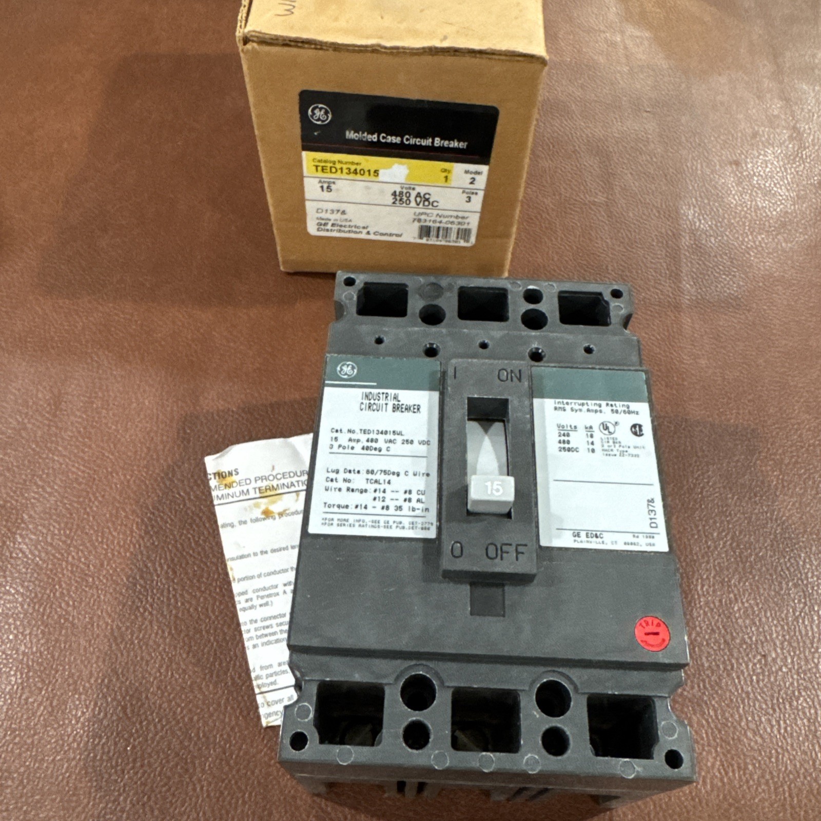 GE TED134015WL 15A 3P 480V CIRCUIT BREAKER 15 Amp 3 Pole Ted NEW