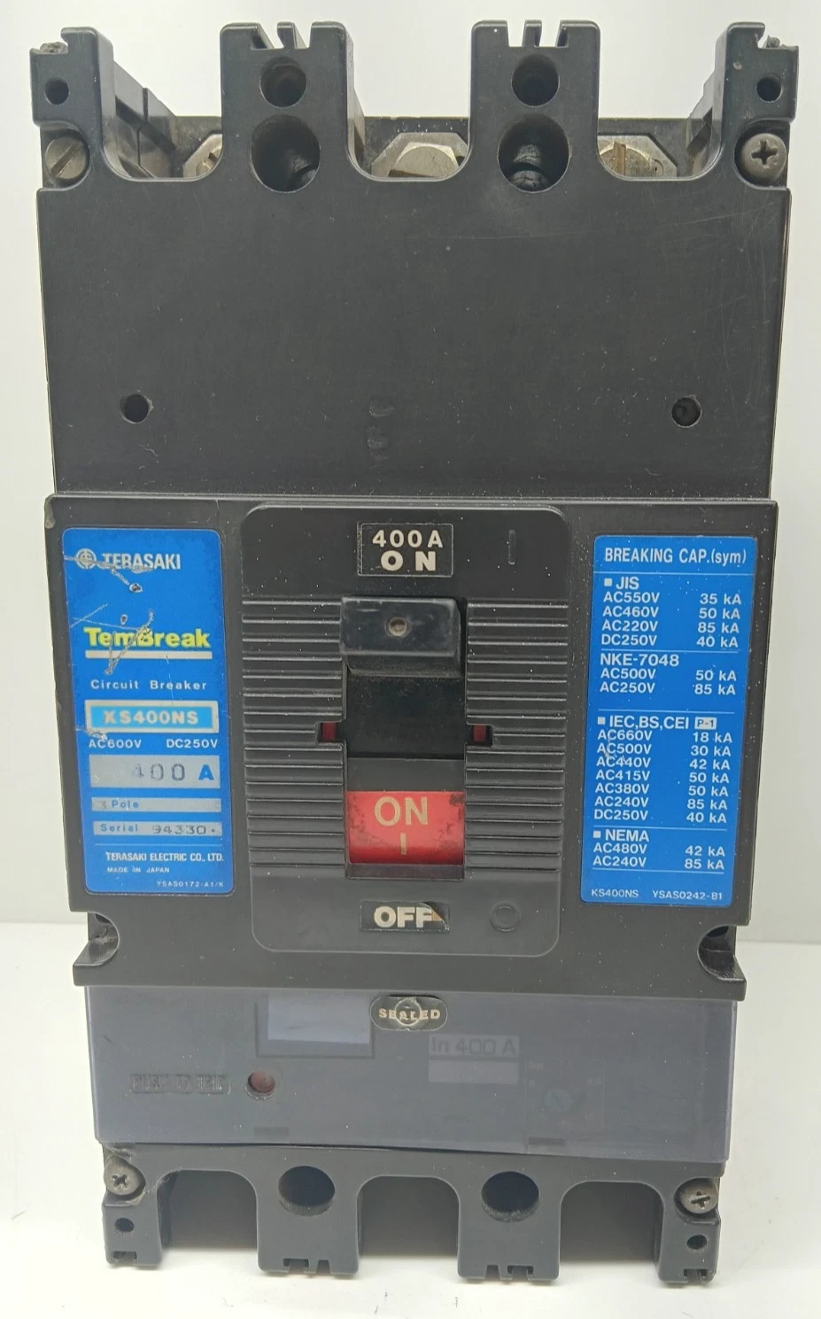 TERASAKI XS400NS TEMBREAK 3 POLE 400 AMPS CIRCUIT BREAKER AC600V DC250V