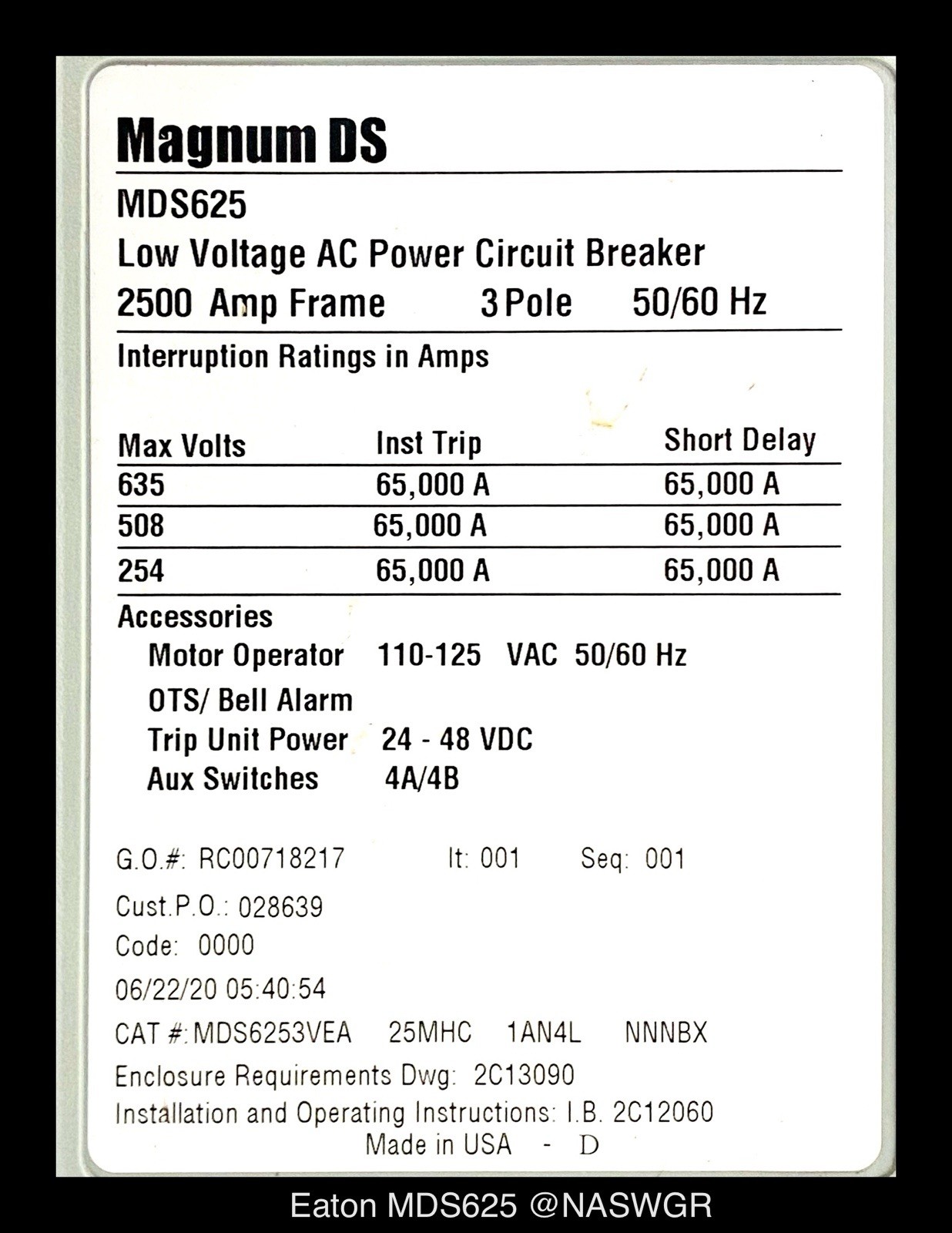 Eaton Magnum DS MDS625 Breaker (E/O,B/I) – 2500 Amp – Unused/Warranty