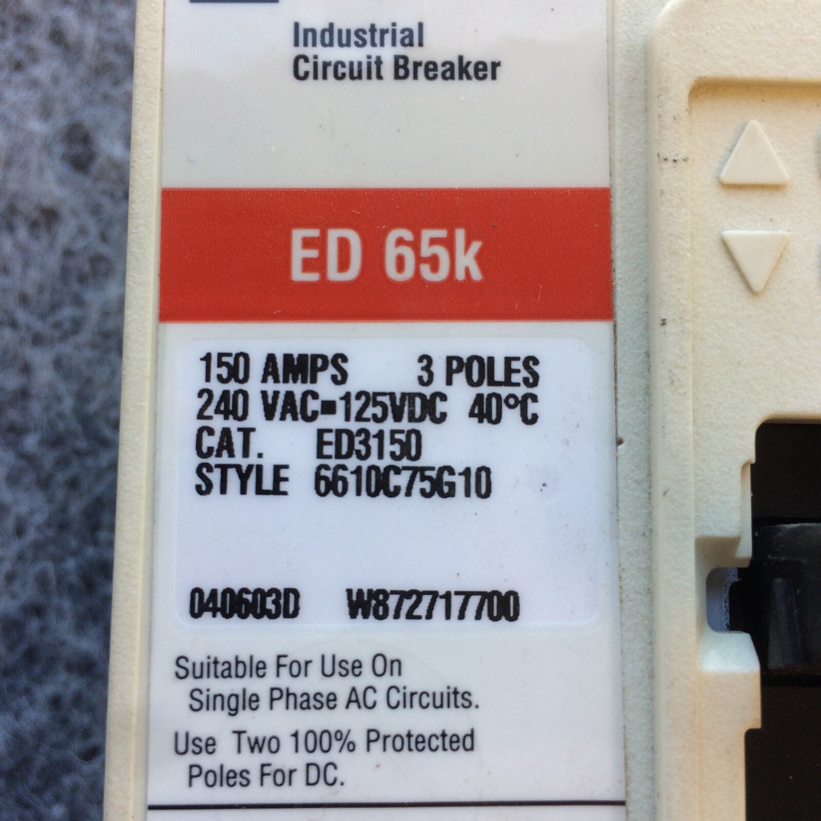 Eaton / Cutler-Hammer ED3150 3 Pole Circuit Breaker 150 Amp ED 65k
