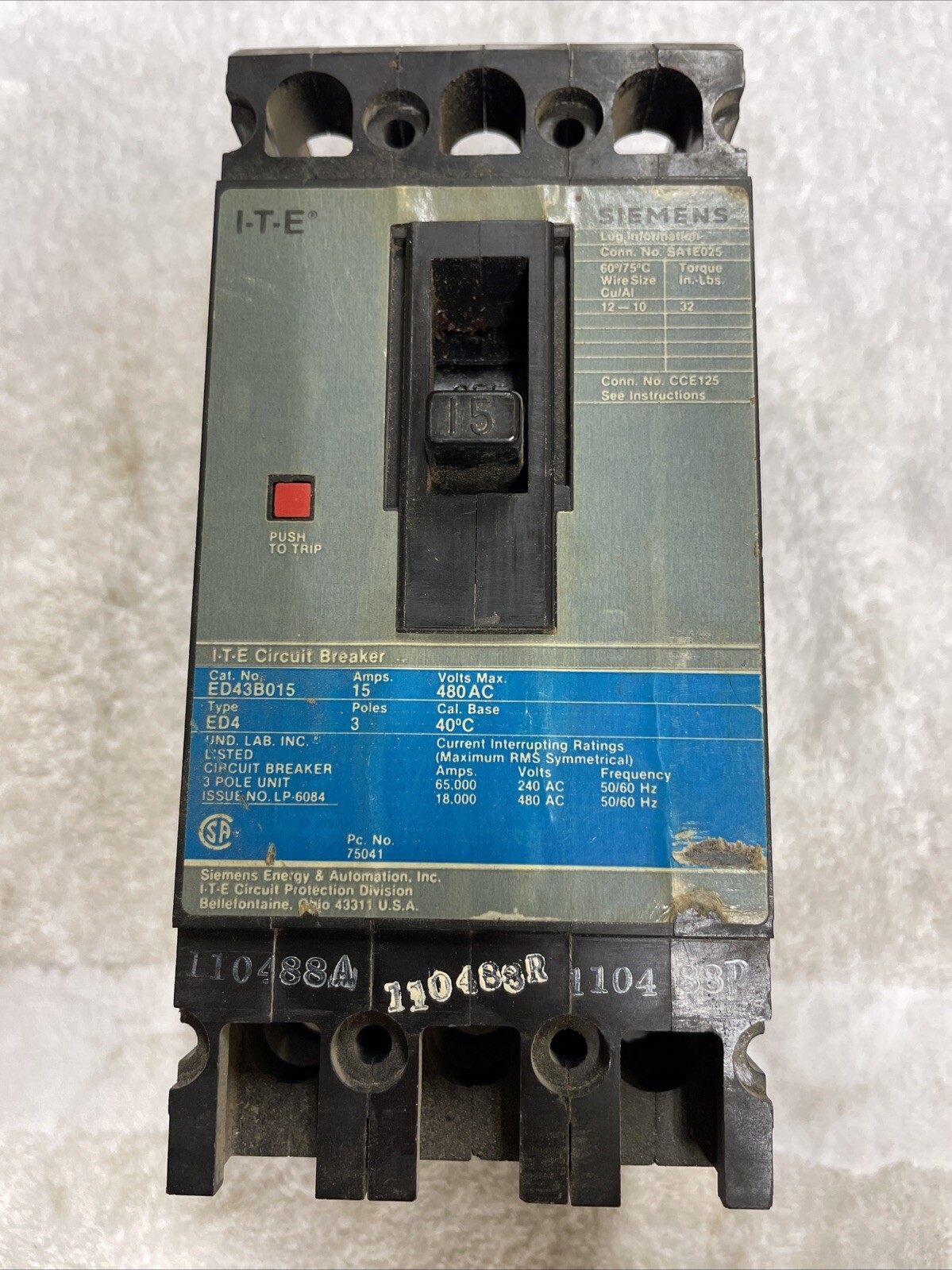 Siemens ED43B015 15 Amp 3 Pole 480 V Circuit Breaker