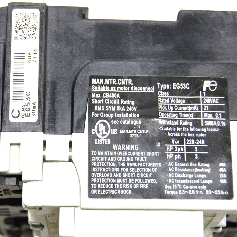(Lot of 6) Fuji Electric EG53C-CE Earth Leakage 3-Pole 40A Circuit Breakers 440V