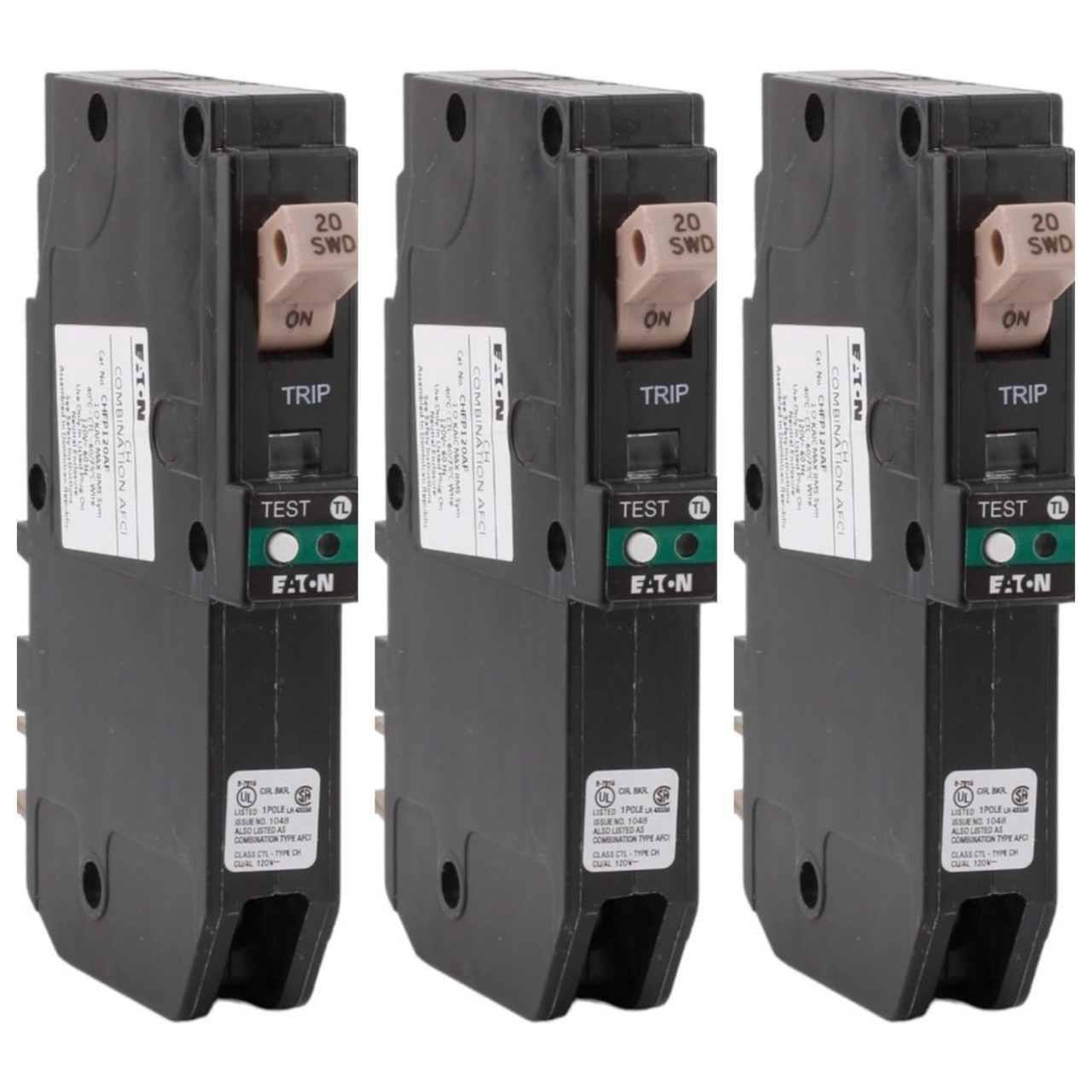 3) New Eaton CHFP120AF 20A 1 Pole 120V Plug On Neutral Combination AFCI Breaker