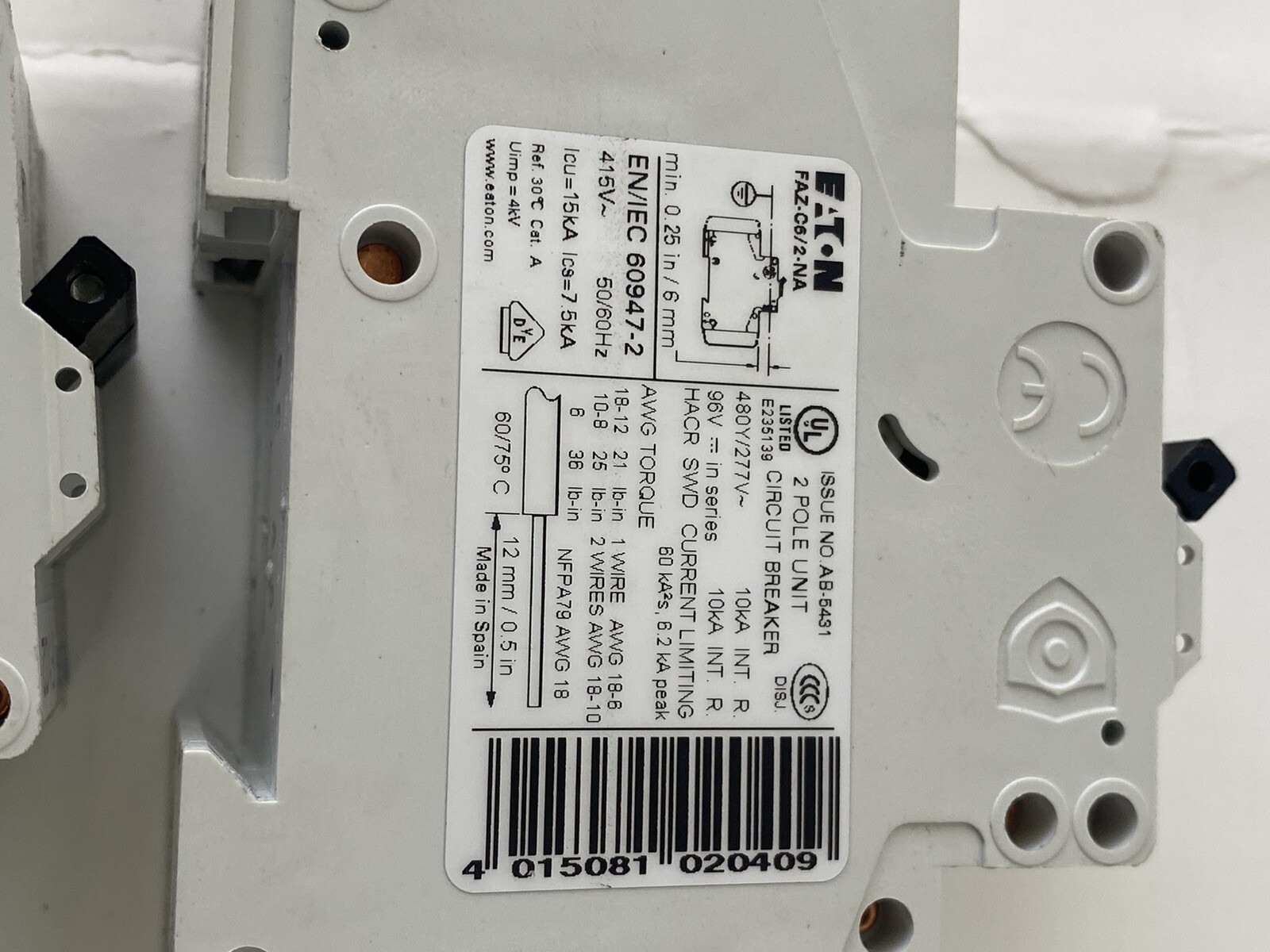 Lot Of 2 EATON FAZ-C6/2-NA CIRCUIT BREAKER, 2 POLE, 6A, 480Y/277VAC