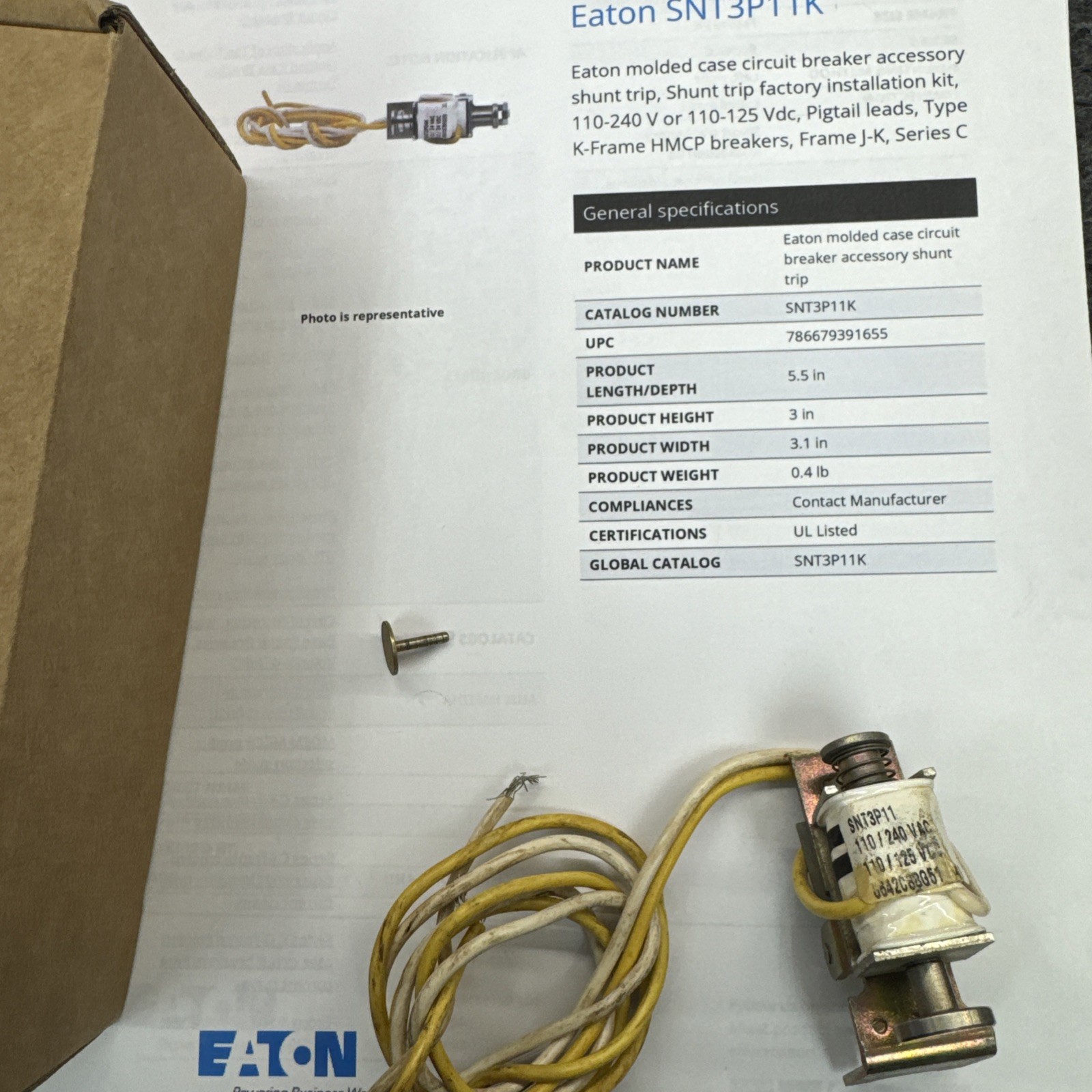 Eaton SNT3P11K Shunt Trip Solenoid Unit K-Frame 110/240 Volt AC 110/125 Volt DC