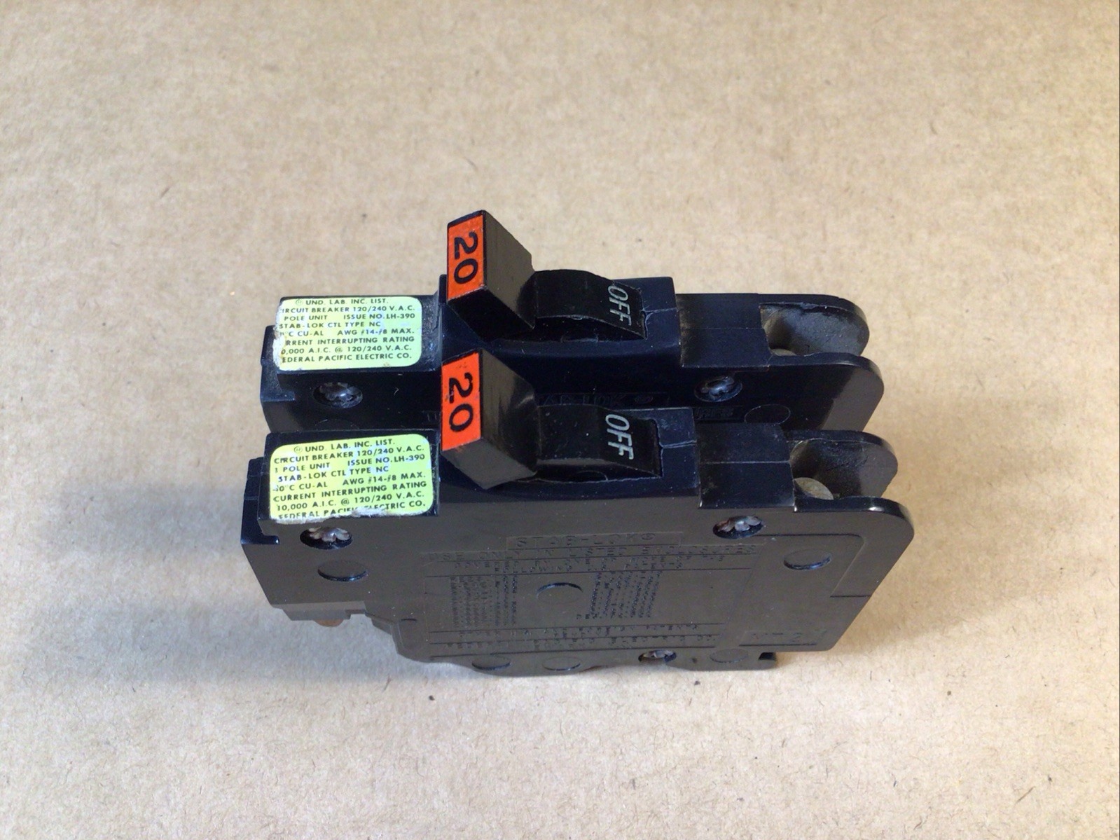2x NC120 FPE 20 Amp 1 Pole Stab-Lok “Thin” Federal Pacific Breakers NC20 RED