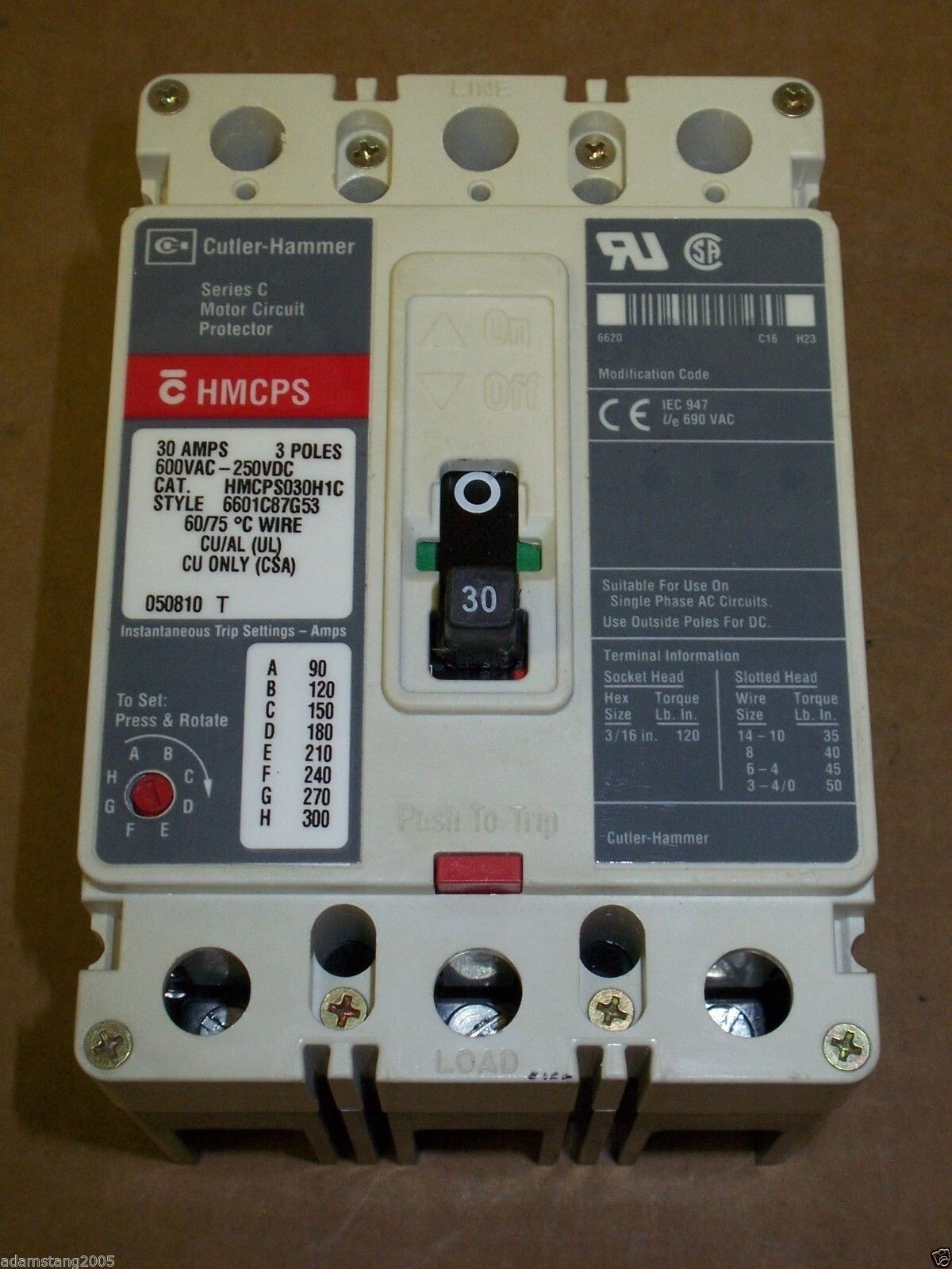 Eaton Westinghouse CH HMCPS HMCPS030H1C 3 Pole 30 Amp 600v Circuit Breaker