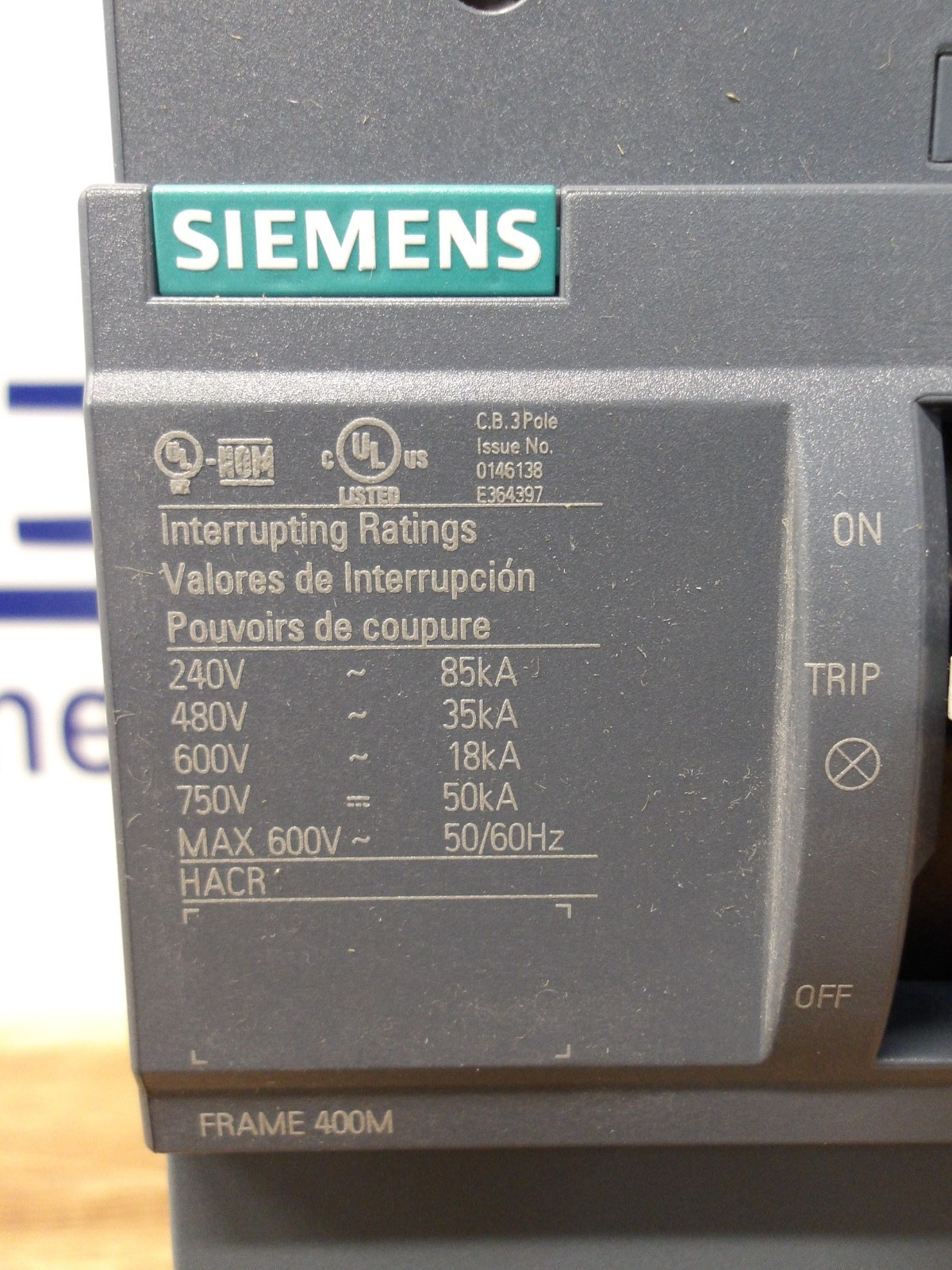 SIEMENS 400 AMP BREAKER 3VA5340-5EC31-0AA0, #11251220G NIB