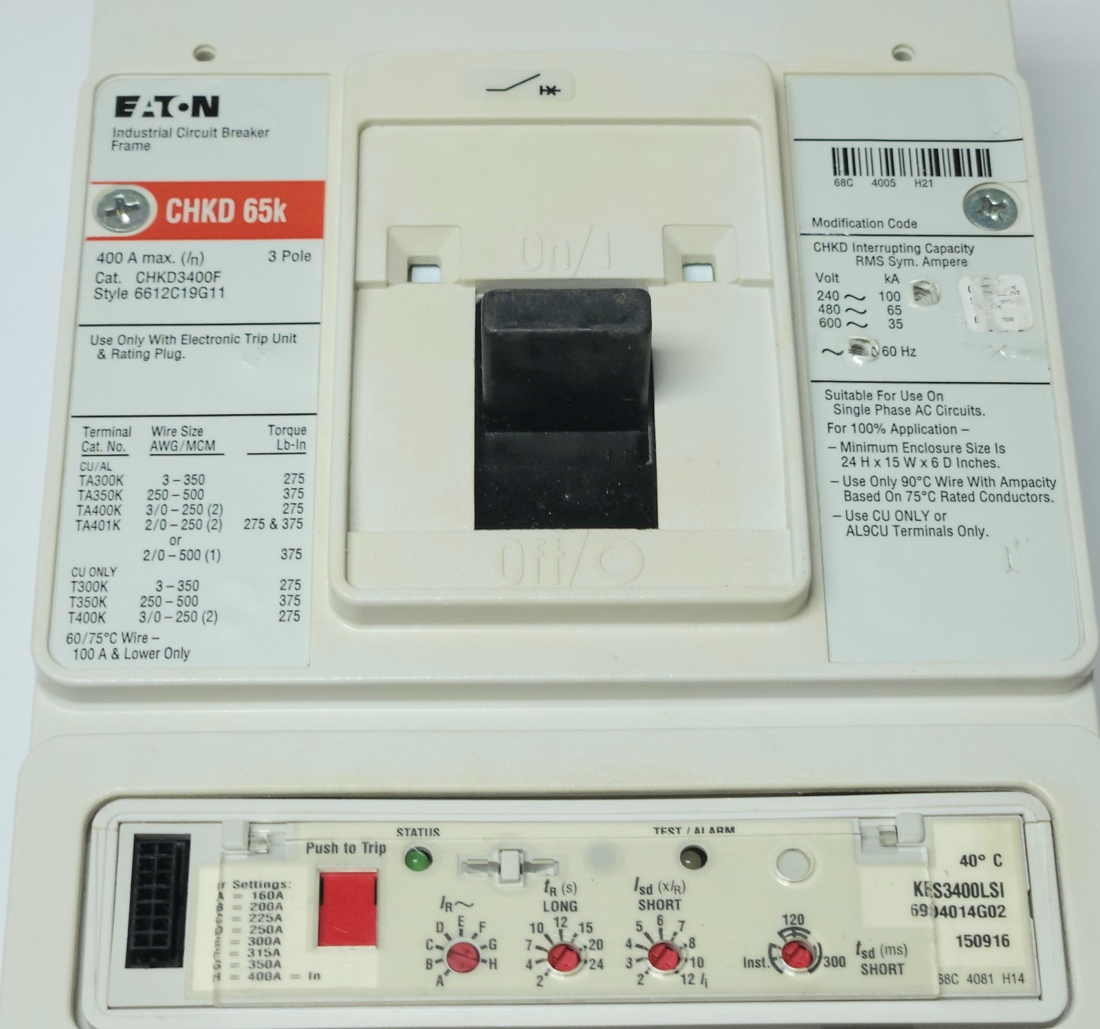 EATON CUTLER HAMMER CHKD3400 Type CHKD CHKD3400F KES3400LSI TRIP Unit 160-400AMP