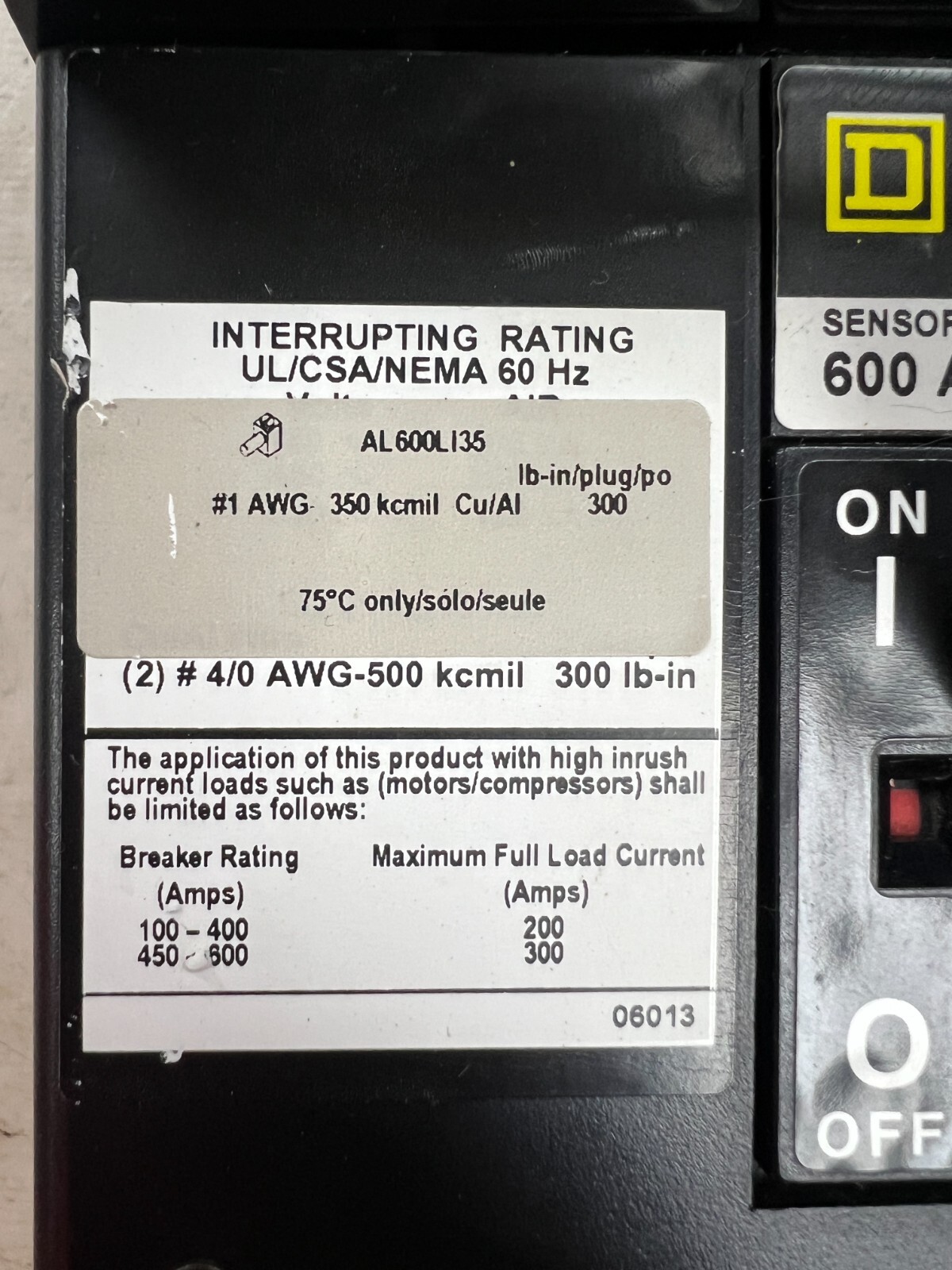 SQUARE D 600A I-LIMITER LSI CIRCUIT BREAKER 600V 3P LXIL36600 W/ MICROLOGIC PLUG