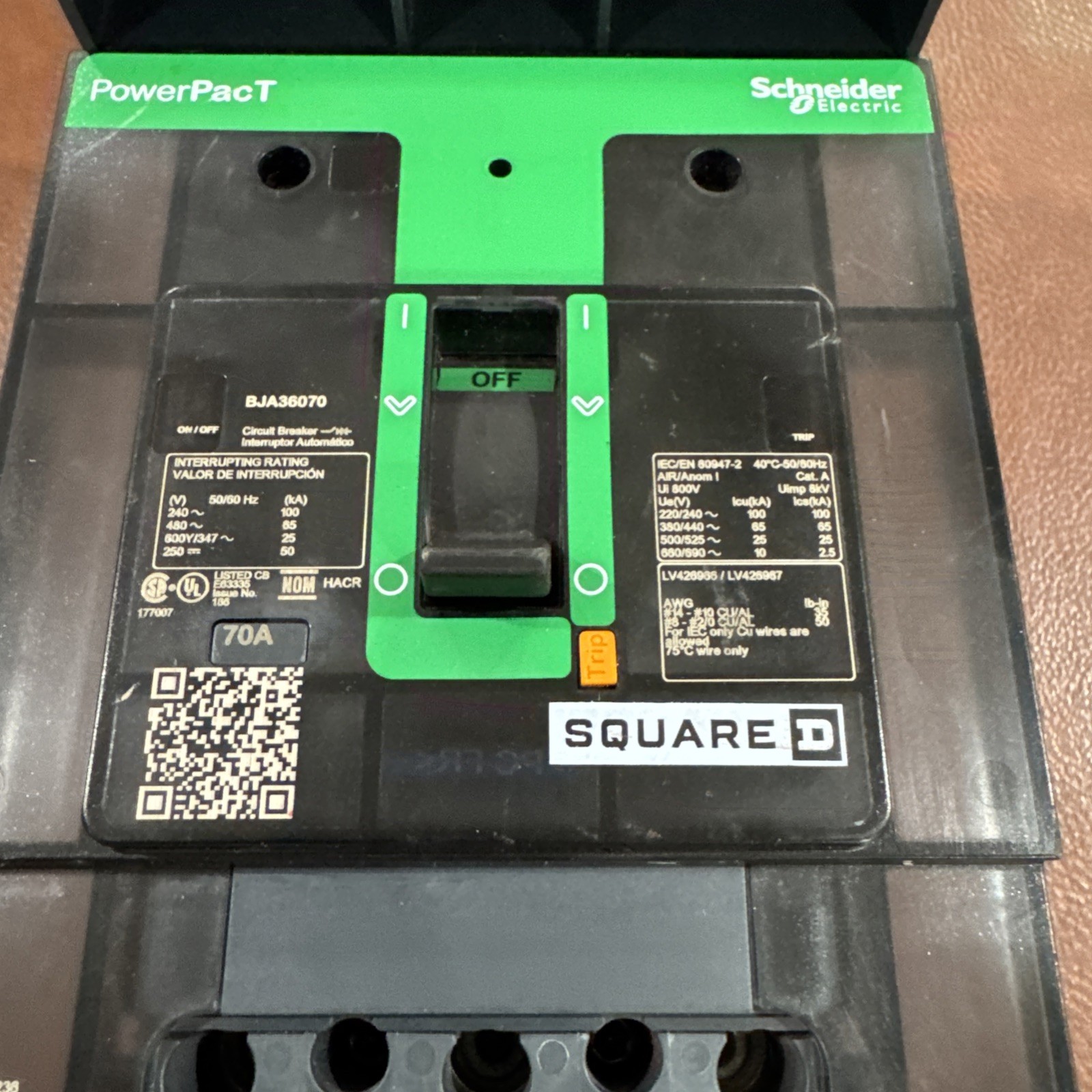 Square D BJA BJA36070 3 Pole 70 Amp 600V Circuit Breaker I-Line Powerpact 70A 3P