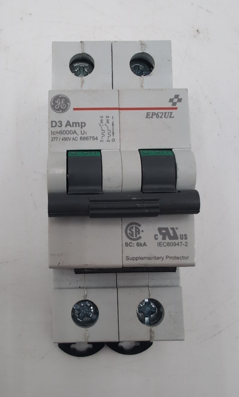 GE EP62ULD03 Miniature Circuit Breaker 2-Pole 3A 480Y/277V D-Curve DIN Rail USED