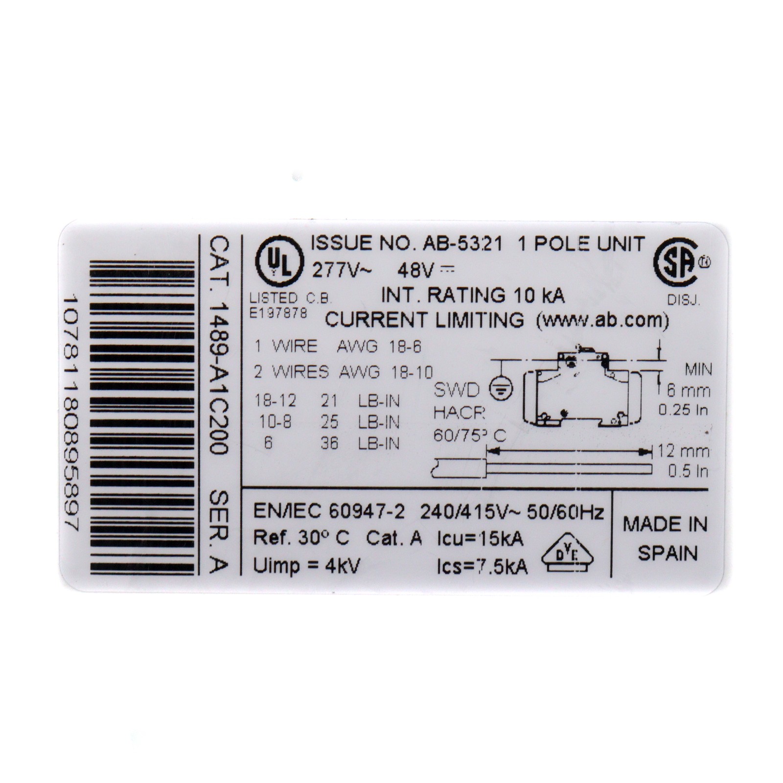 ALLEN-BRADLEY 1489-A1C200 MINITURE CIRCUIT BREAKER, 20A, 1P, 240/415V