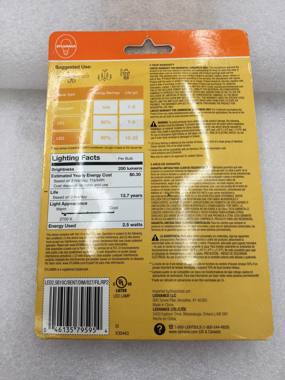 Sylvania X30443 LED2.5B10C/BENT/DIM/827/FIL/RP2 Dimmable LED Flame Tip