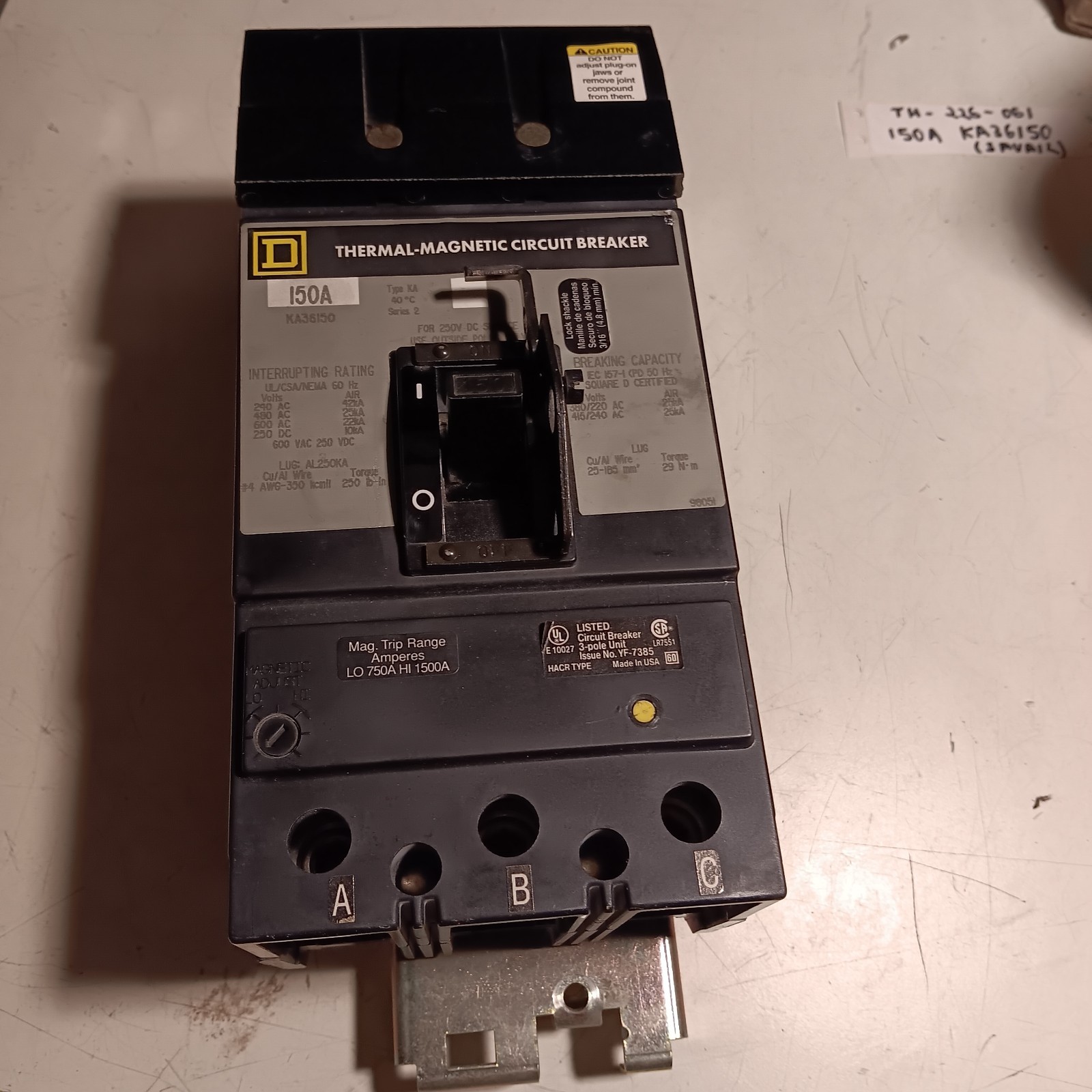 One Square D KA36150 150Amp 3Pole 25kA@480VAC I-Line Breaker