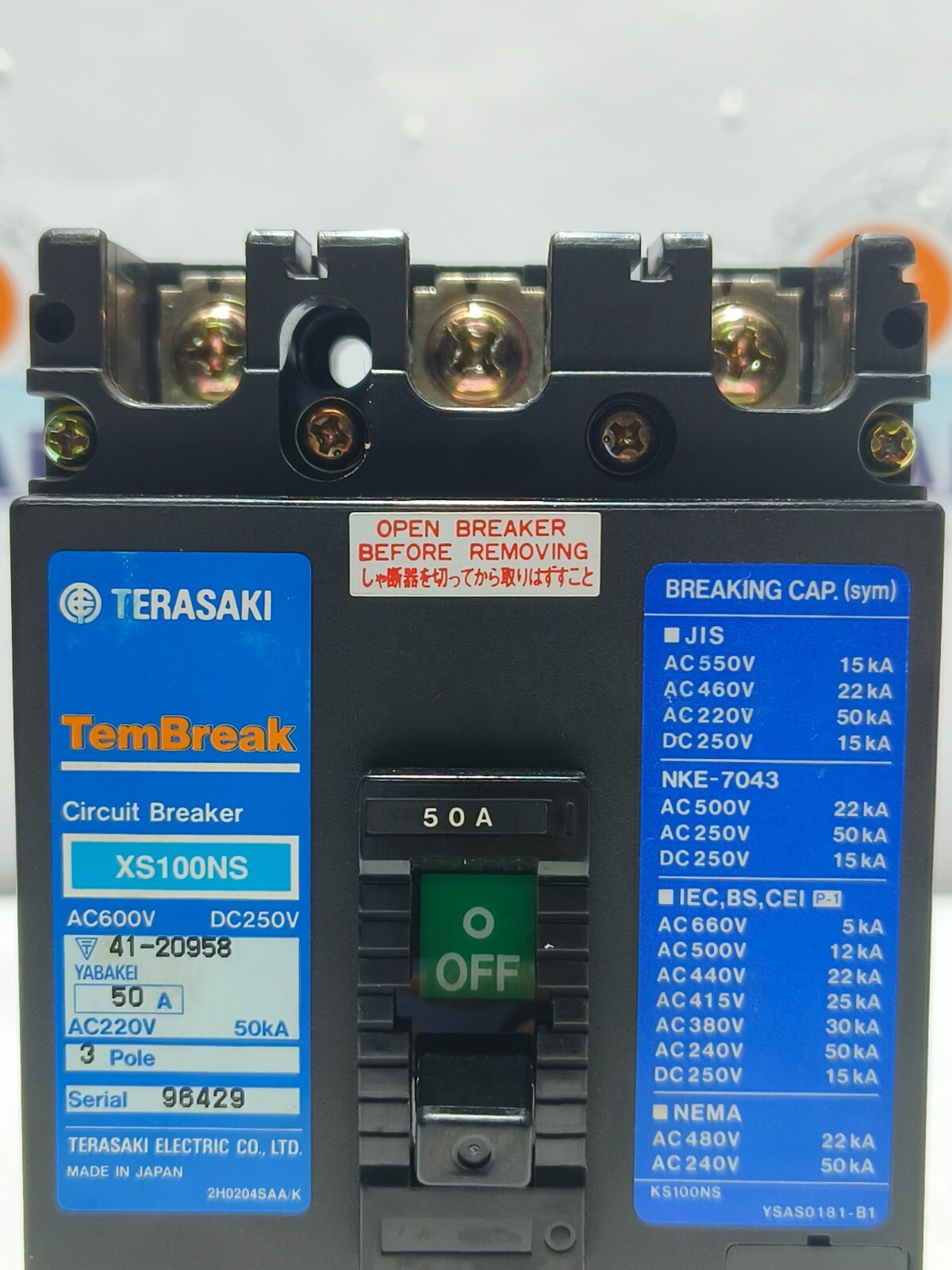 TERASAKI XS100NS, 50 A, CIRCUIT BREAKER AC200-480V MCCB 3P (Free Shipping)