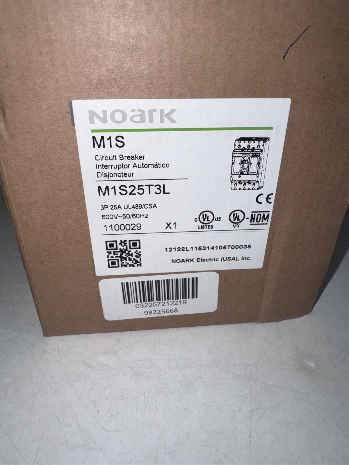 M1S25T3L NOARK Molded Case Circuit Breaker 25A, 3 Poles, UL489, 480V, 50/60Hz