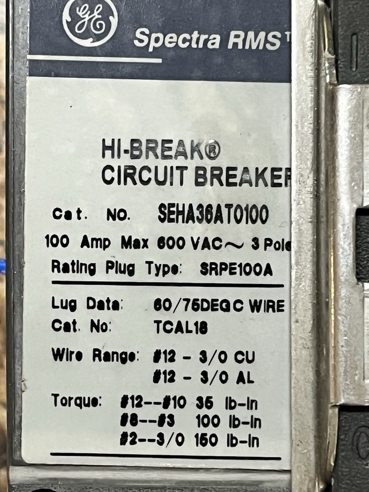 GE Spectra Hi-Break Circuit breaker 80 Amps UV Trip