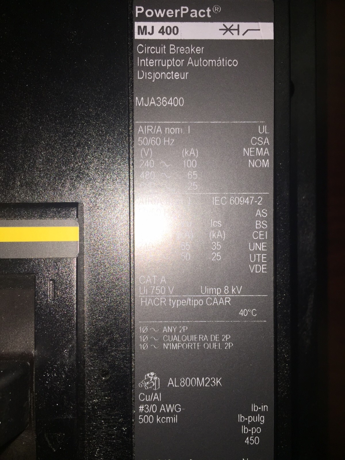 MJA36400 MJA 3 Pole 400Amps 480/600Volt I-Line BRAND NEW Square D Breaker