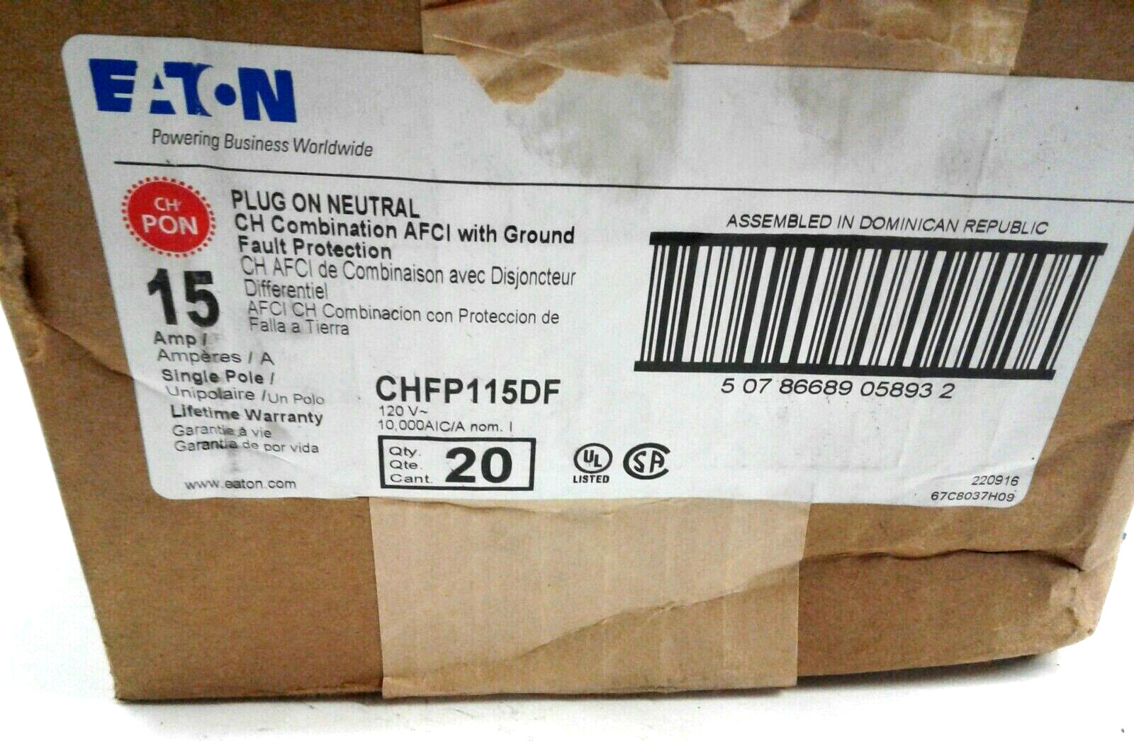Eaton CHFP115DF Circuit Breaker 15A 1 Pole Plug On Neutral Combo AFCI/GFCI Qty 1