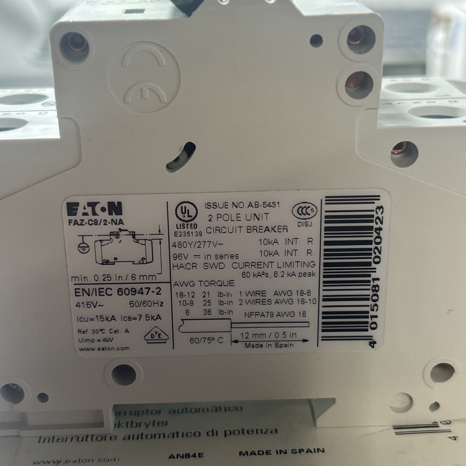 Eaton FAZ-C8/2-NA 2 Pole 8A Trip C Miniature Circuit Breaker 102166, NEW